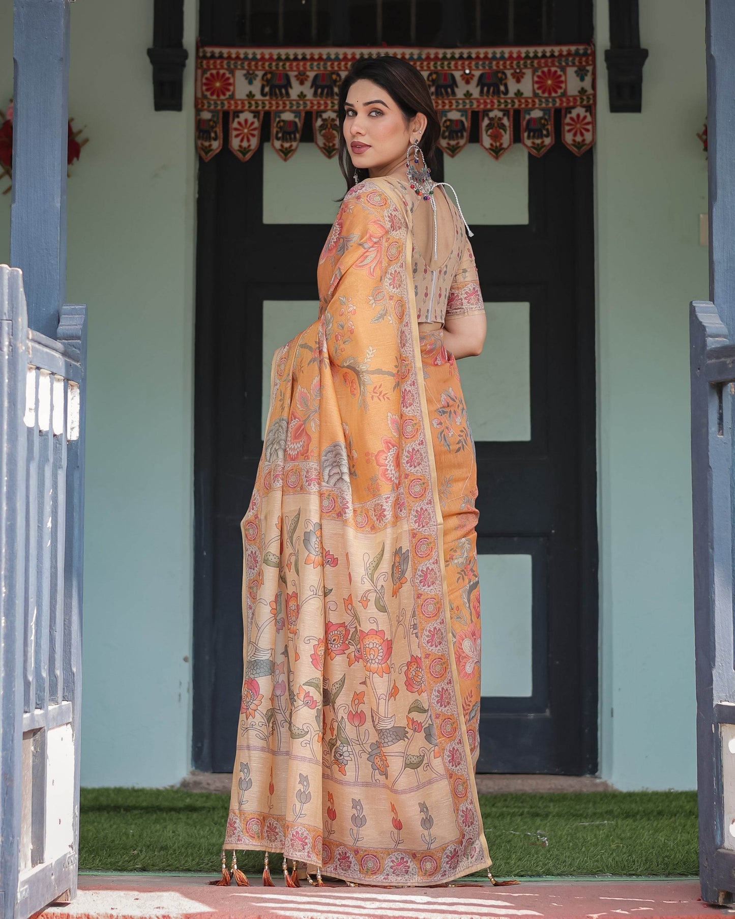 Sunny Mustard with Floral Motifs Linen Cotton Handloom Printed Saree, Delicate Borders, and Tassels - SEEANS