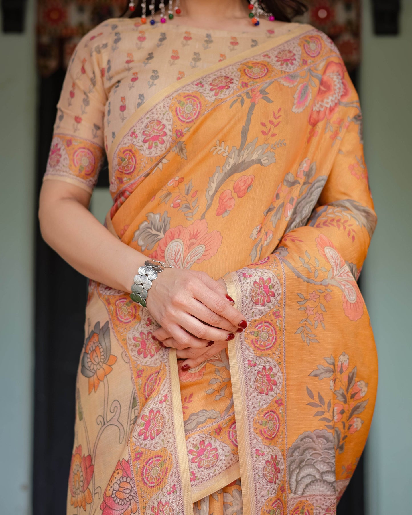 Sunny Mustard with Floral Motifs Linen Cotton Handloom Printed Saree, Delicate Borders, and Tassels - SEEANS