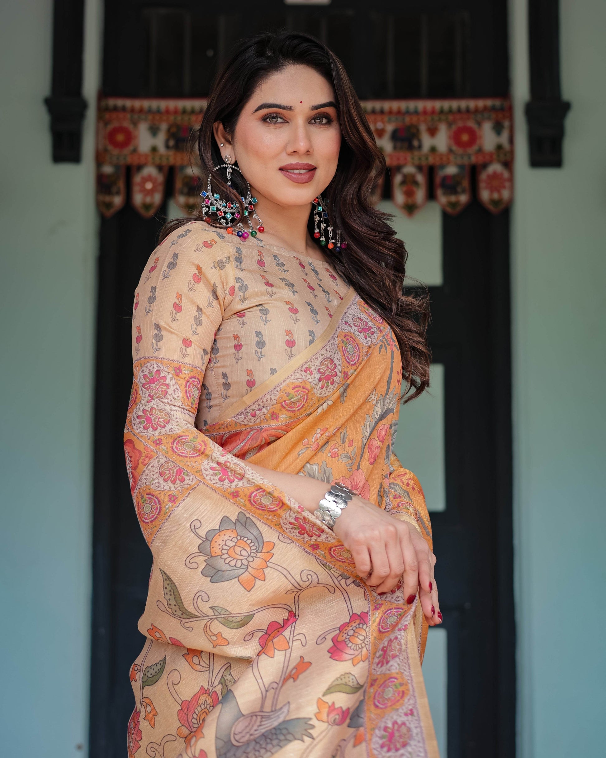 Sunny Mustard with Floral Motifs Linen Cotton Handloom Printed Saree, Delicate Borders, and Tassels - SEEANS