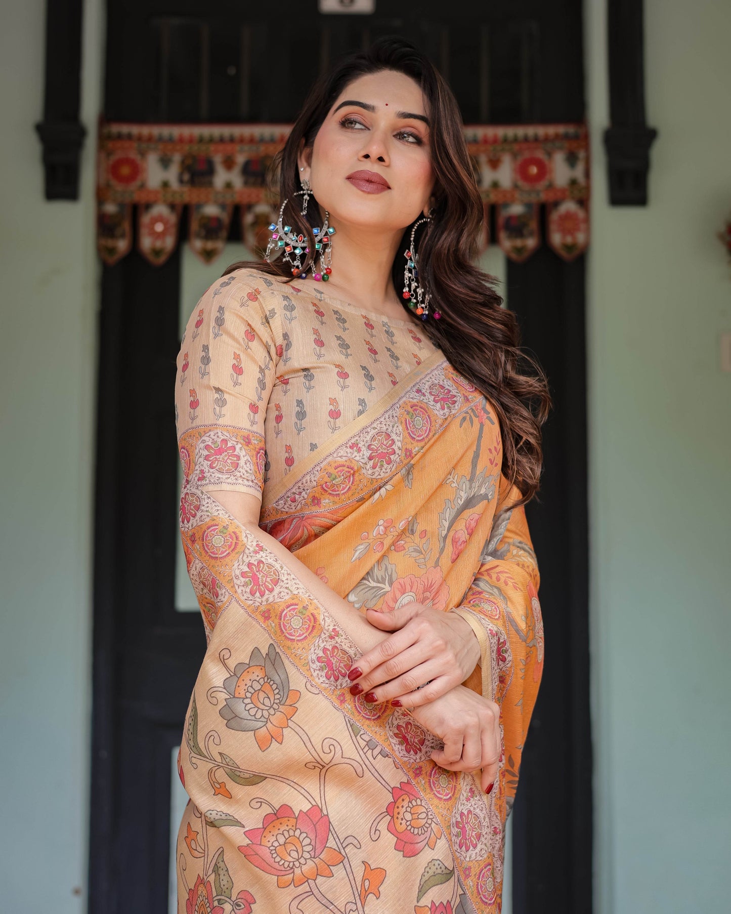 Sunny Mustard with Floral Motifs Linen Cotton Handloom Printed Saree, Delicate Borders, and Tassels - SEEANS