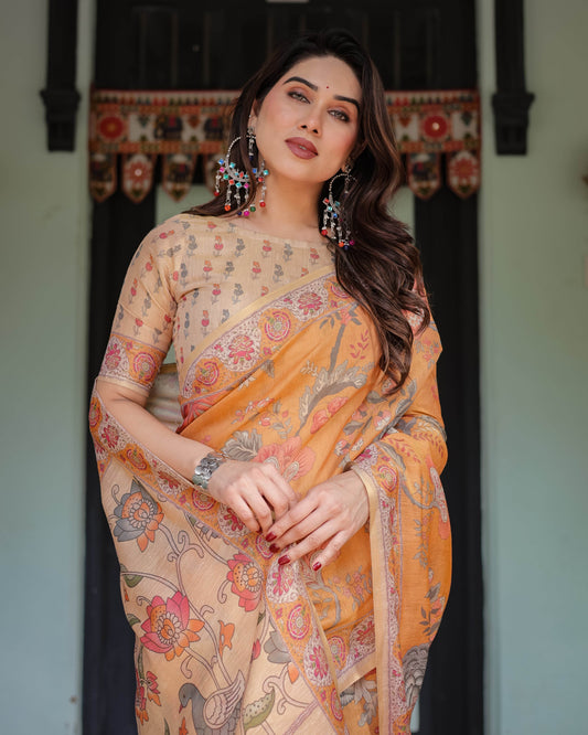 Sunny Mustard with Floral Motifs Linen Cotton Handloom Printed Saree, Delicate Borders, and Tassels - SEEANS