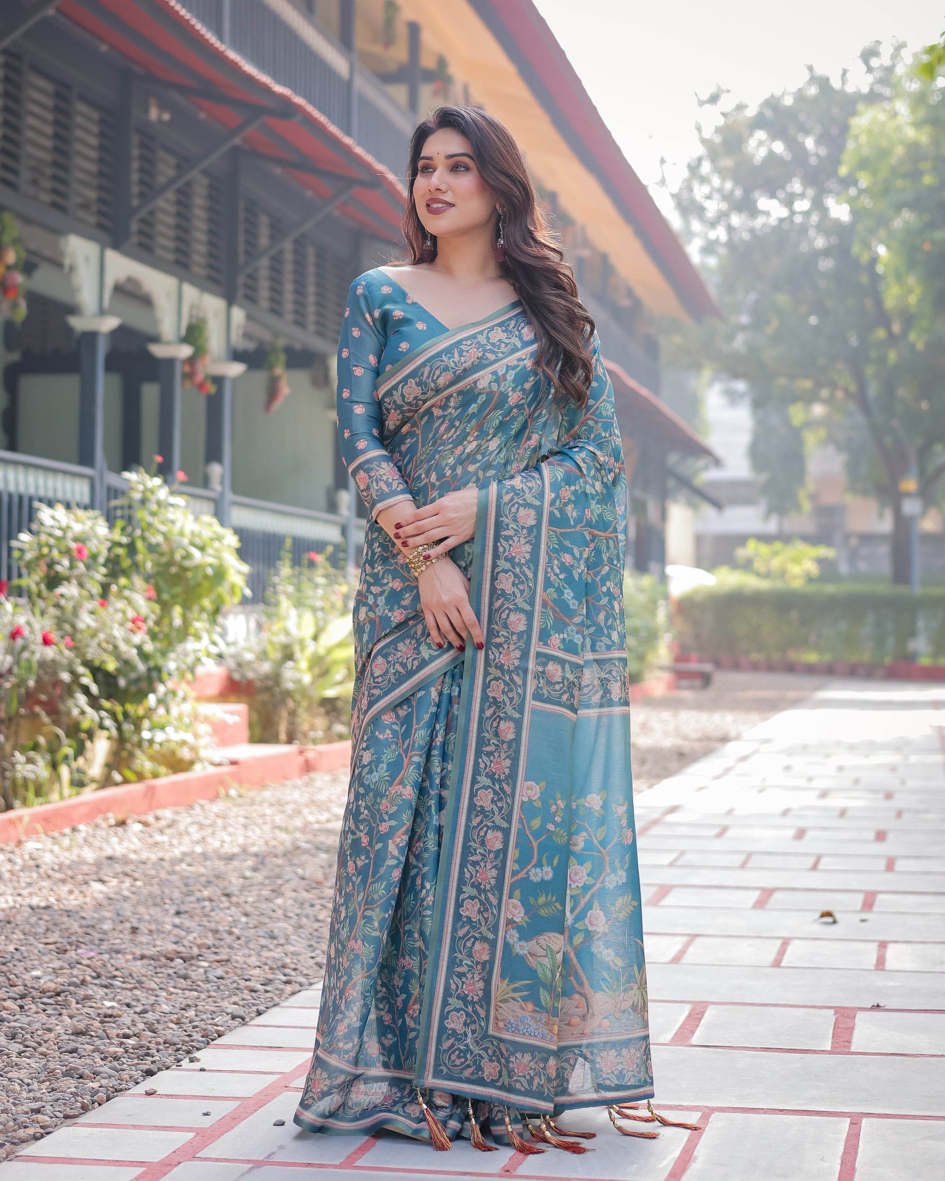 Elegant Aqua Blue Handloom Cotton-Linen Saree with Golden Zari Weave and Tassel Finish - SEEANS