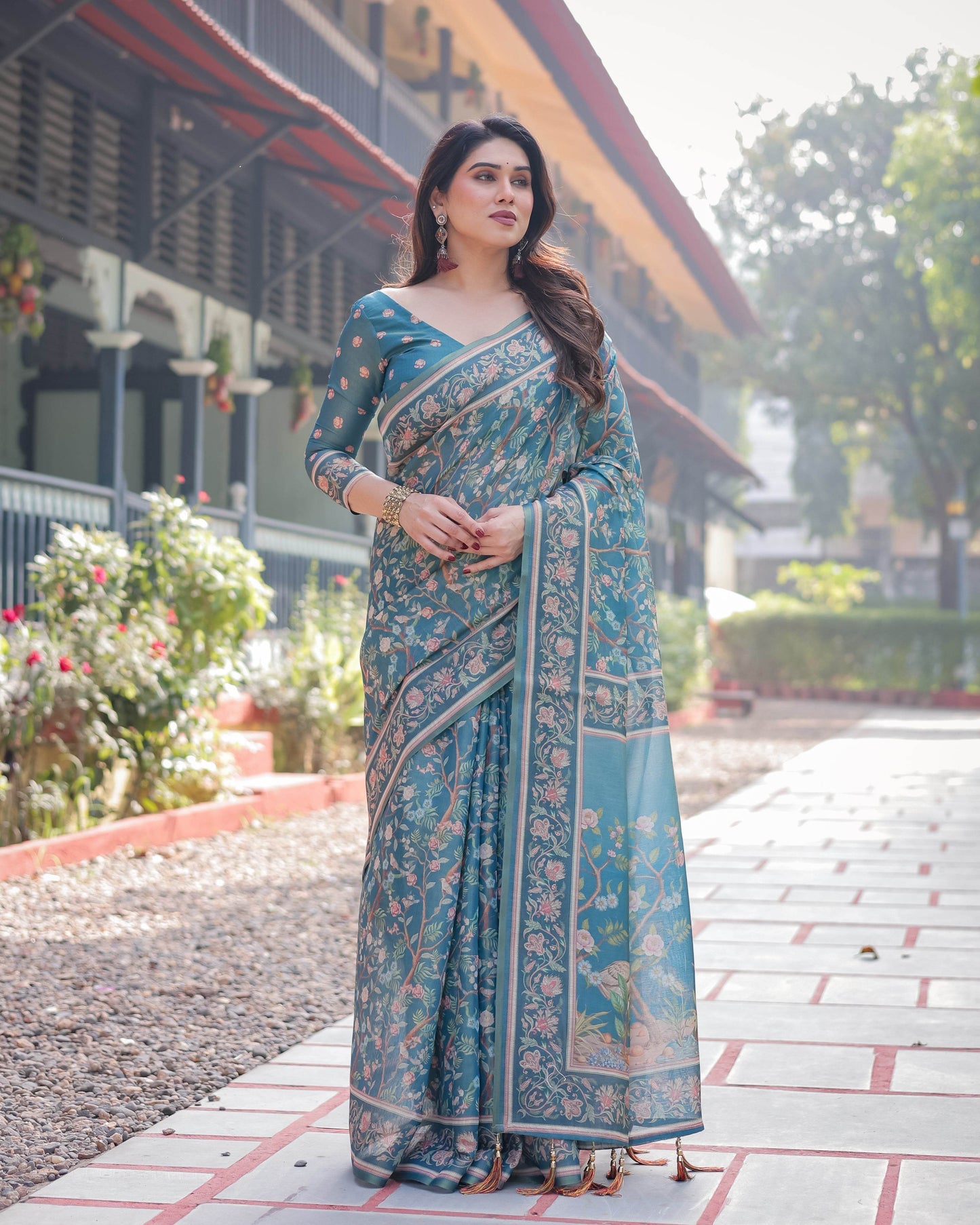 Elegant Aqua Blue Handloom Cotton-Linen Saree with Golden Zari Weave and Tassel Finish - SEEANS