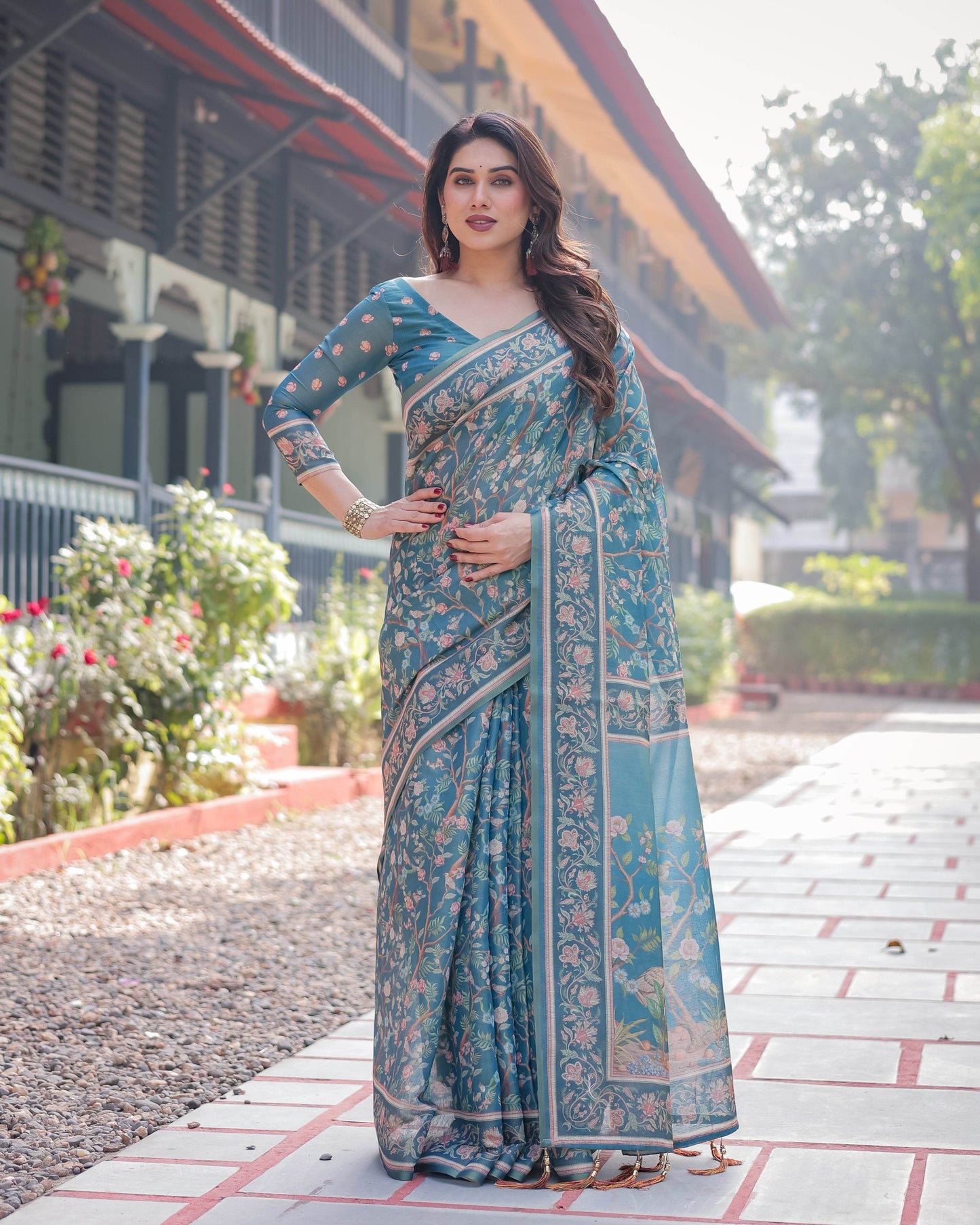 Elegant Aqua Blue Handloom Cotton-Linen Saree with Golden Zari Weave and Tassel Finish - SEEANS