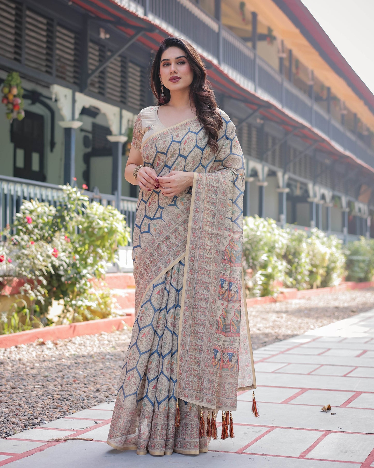 Classic Beige Handloom Cotton-Linen Saree with Madhubani-Inspired Prints and Zari Highlights - SEEANS