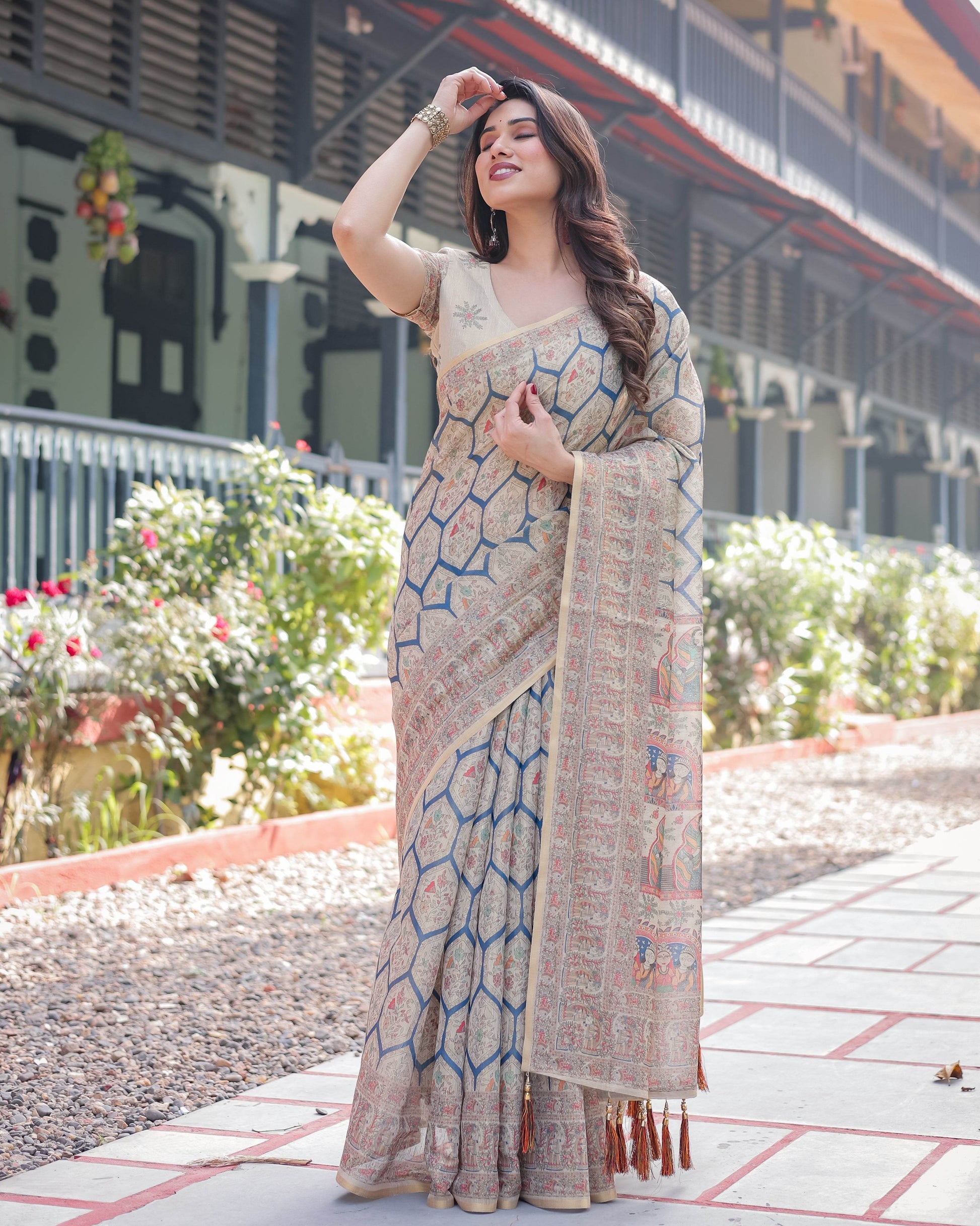 Classic Beige Handloom Cotton-Linen Saree with Madhubani-Inspired Prints and Zari Highlights - SEEANS