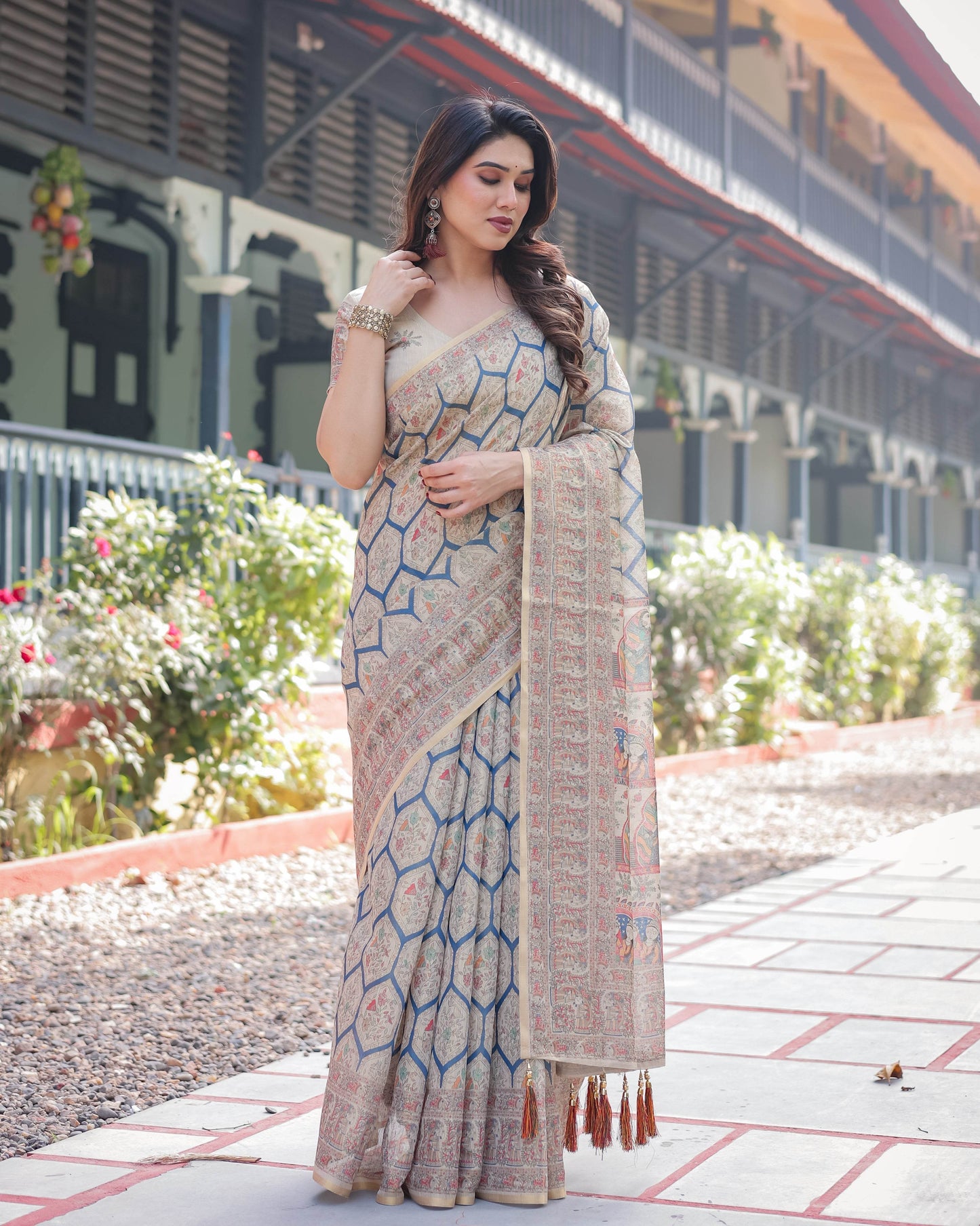 Classic Beige Handloom Cotton-Linen Saree with Madhubani-Inspired Prints and Zari Highlights - SEEANS