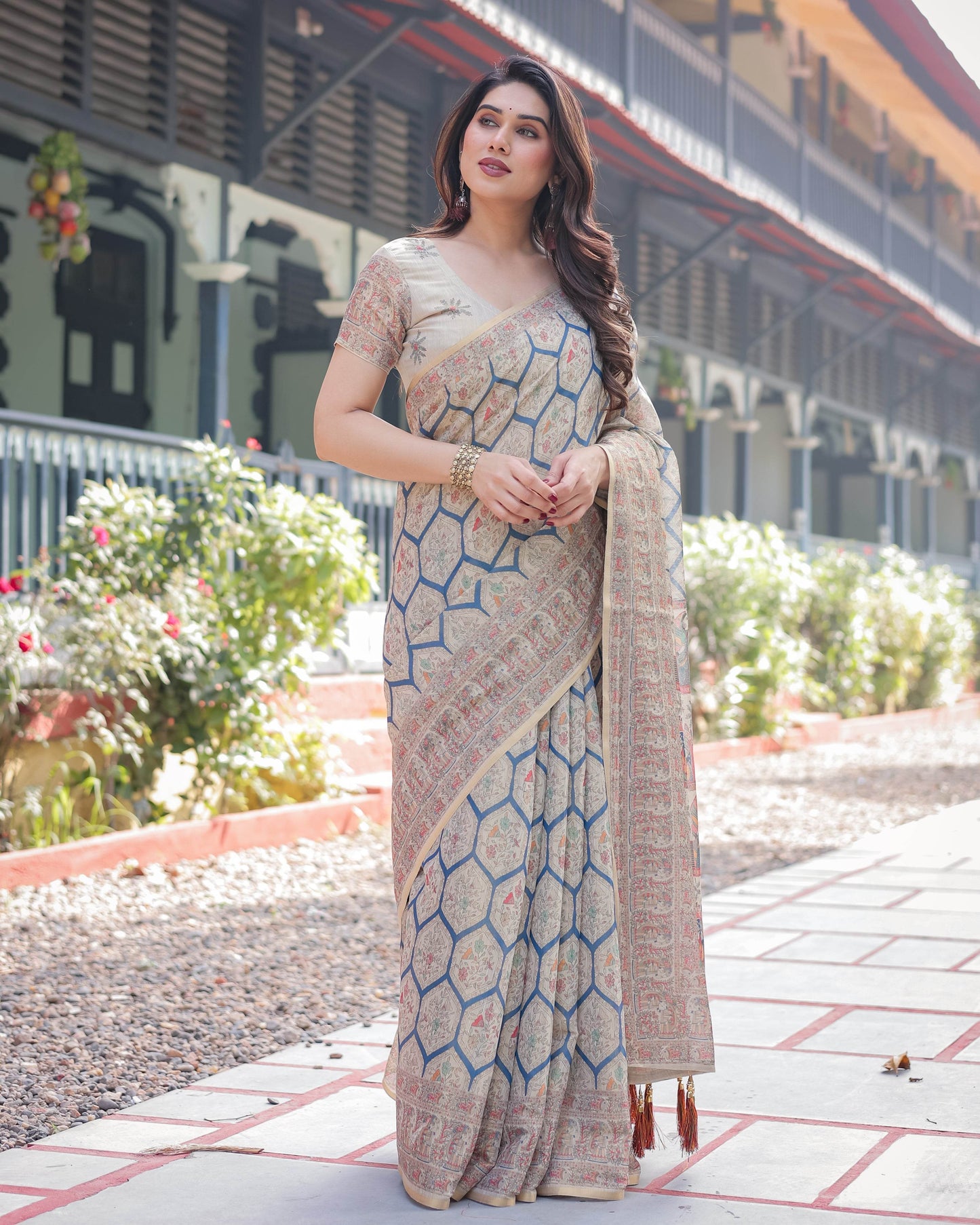 Classic Beige Handloom Cotton-Linen Saree with Madhubani-Inspired Prints and Zari Highlights - SEEANS