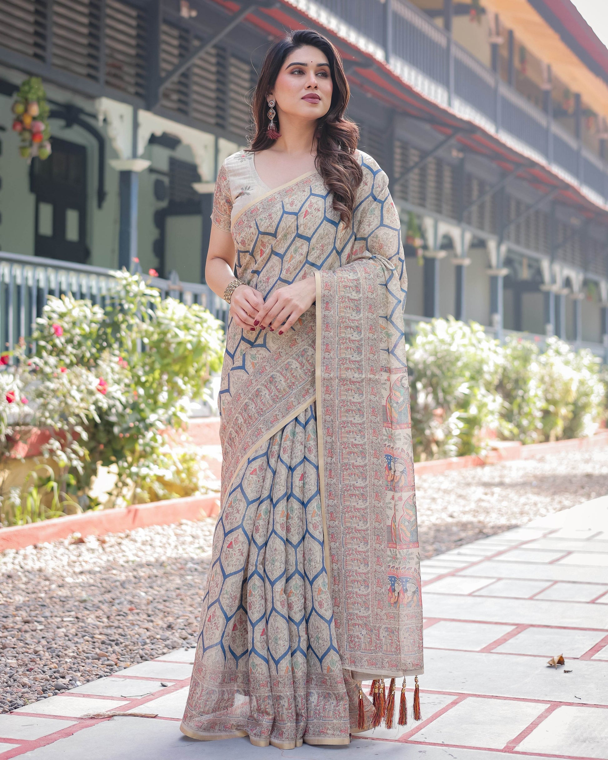 Classic Beige Handloom Cotton-Linen Saree with Madhubani-Inspired Prints and Zari Highlights - SEEANS