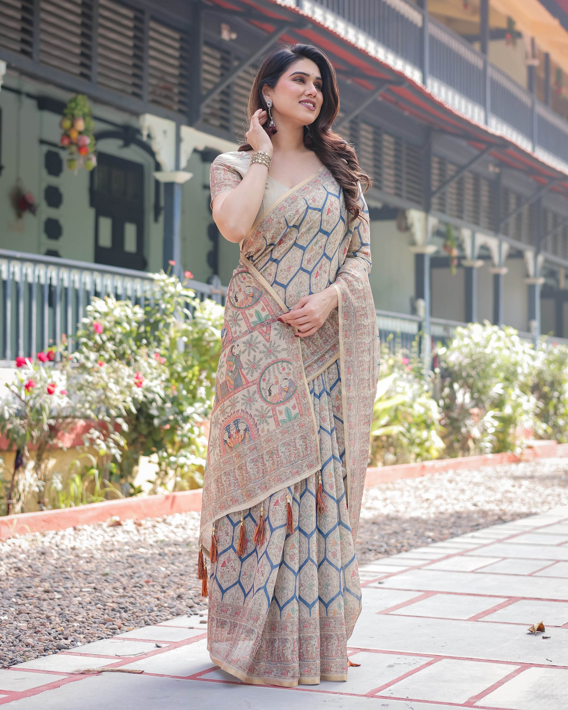 Classic Beige Handloom Cotton-Linen Saree with Madhubani-Inspired Prints and Zari Highlights - SEEANS