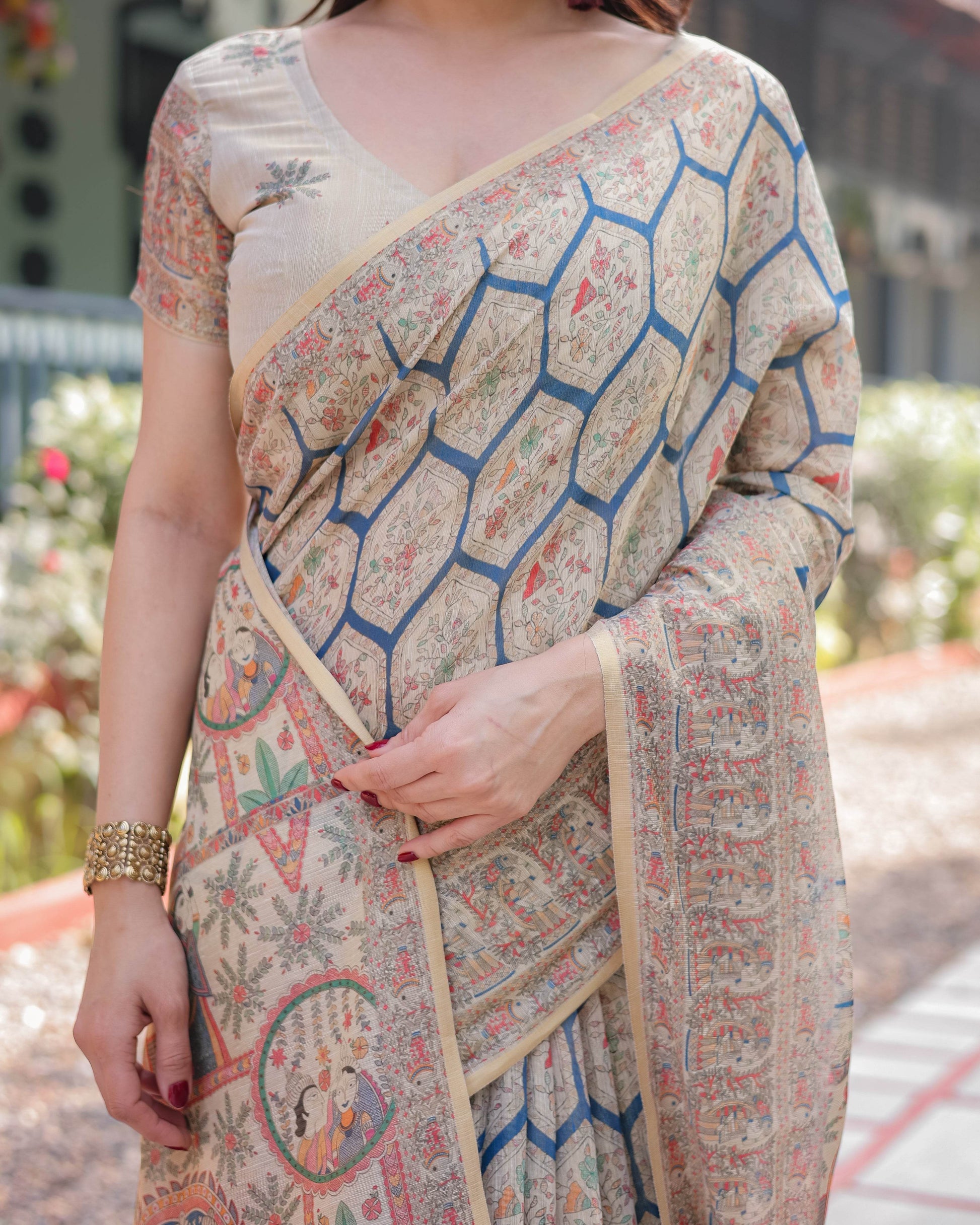 Classic Beige Handloom Cotton-Linen Saree with Madhubani-Inspired Prints and Zari Highlights - SEEANS