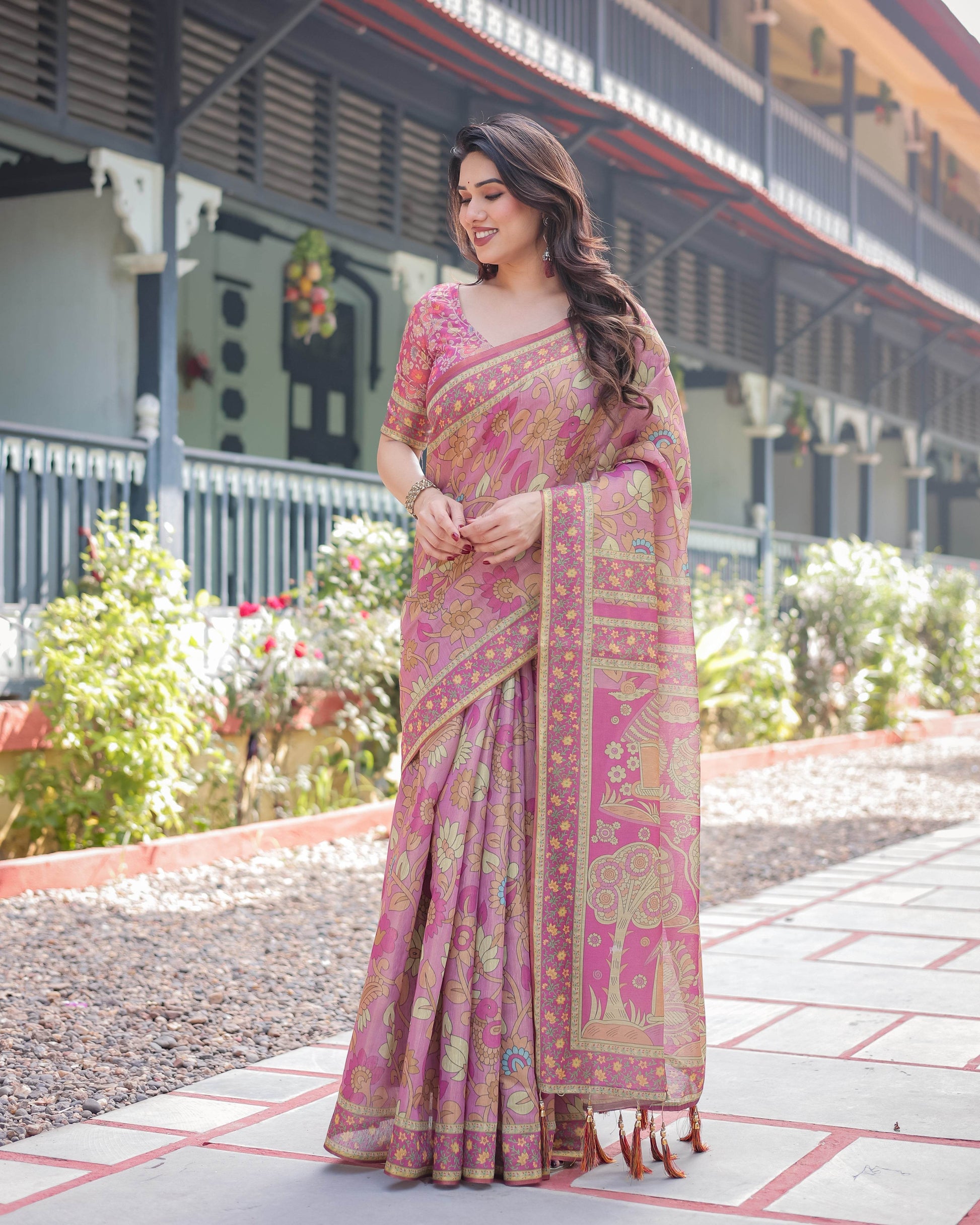 Regal Pink Handloom Cotton-Linen Saree with Floral Motifs, Golden Zari Highlights, and Tassel Detailing - SEEANS