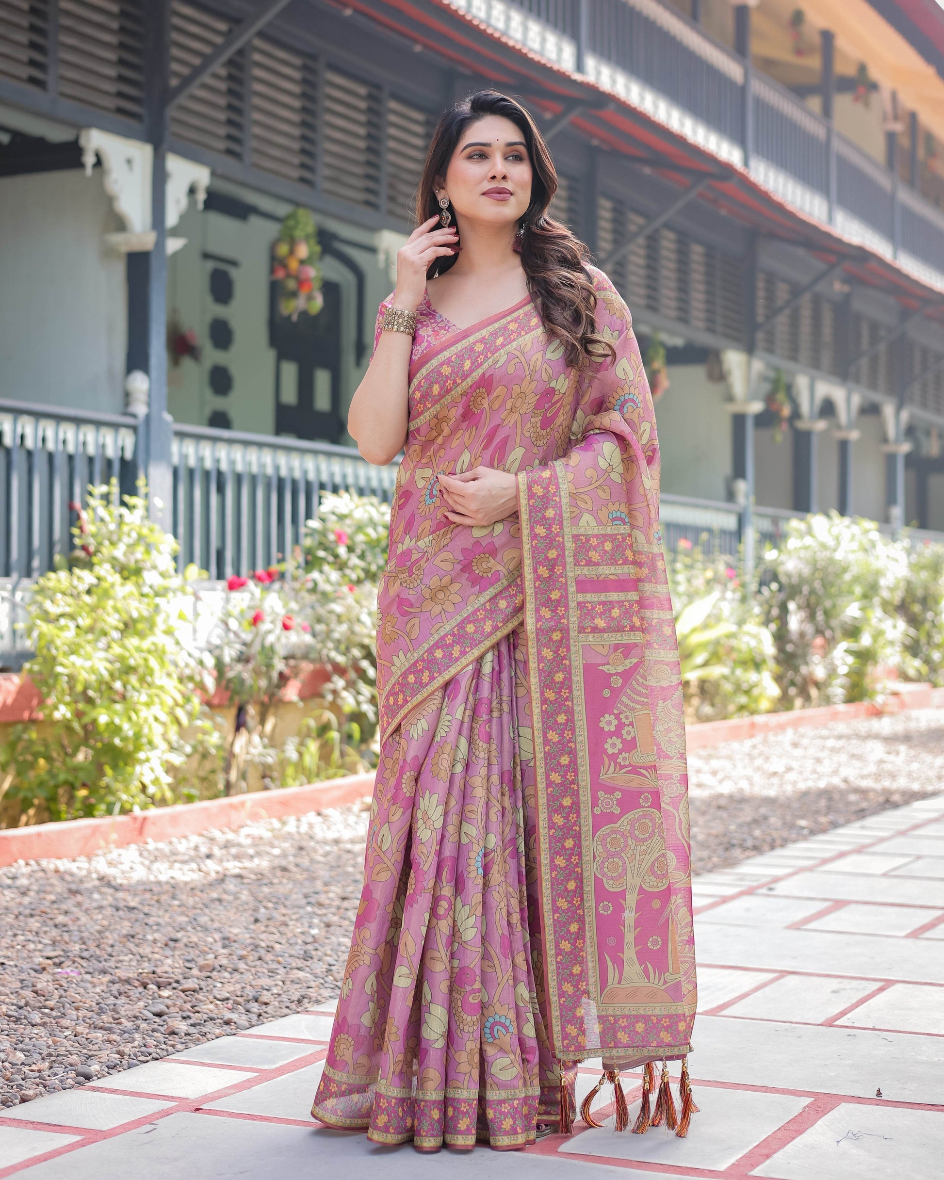 Regal Pink Handloom Cotton-Linen Saree with Floral Motifs, Golden Zari Highlights, and Tassel Detailing - SEEANS