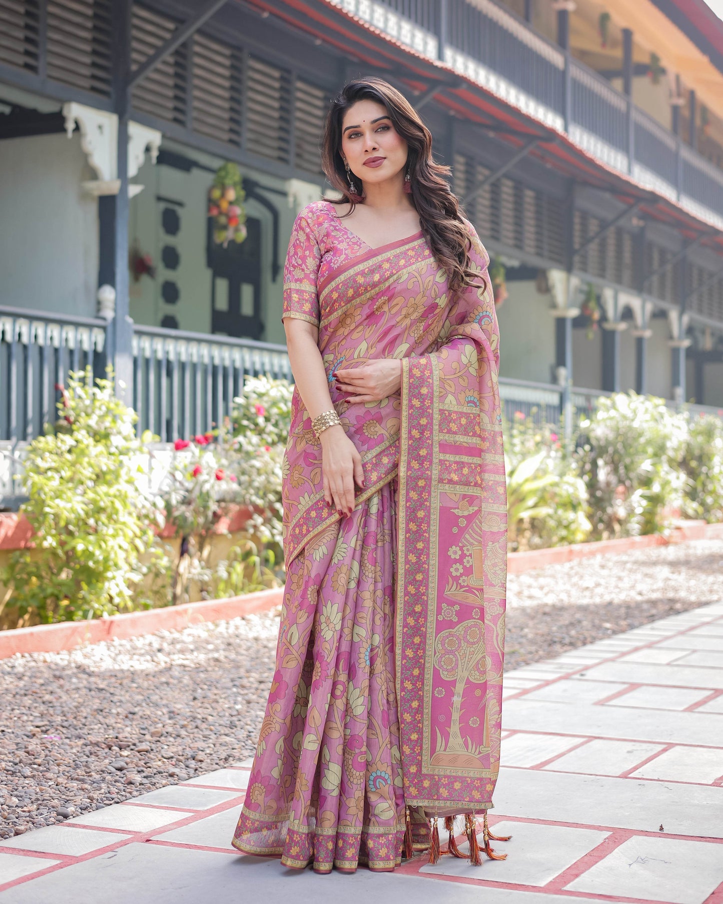 Regal Pink Handloom Cotton-Linen Saree with Floral Motifs, Golden Zari Highlights, and Tassel Detailing - SEEANS