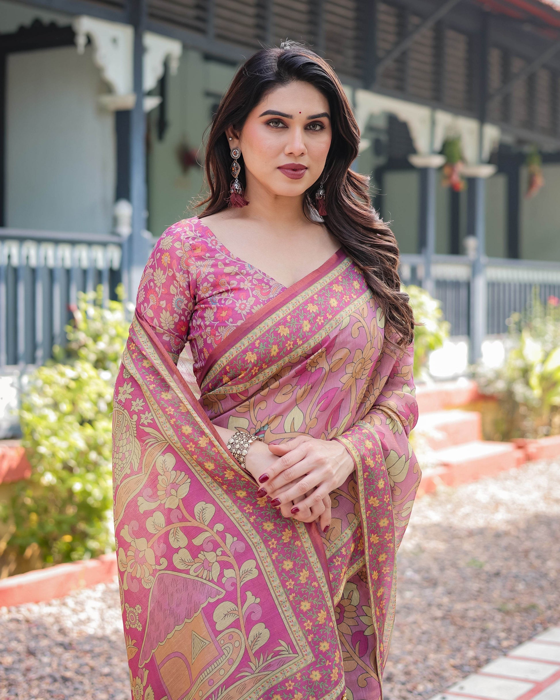 Regal Pink Handloom Cotton-Linen Saree with Floral Motifs, Golden Zari Highlights, and Tassel Detailing - SEEANS