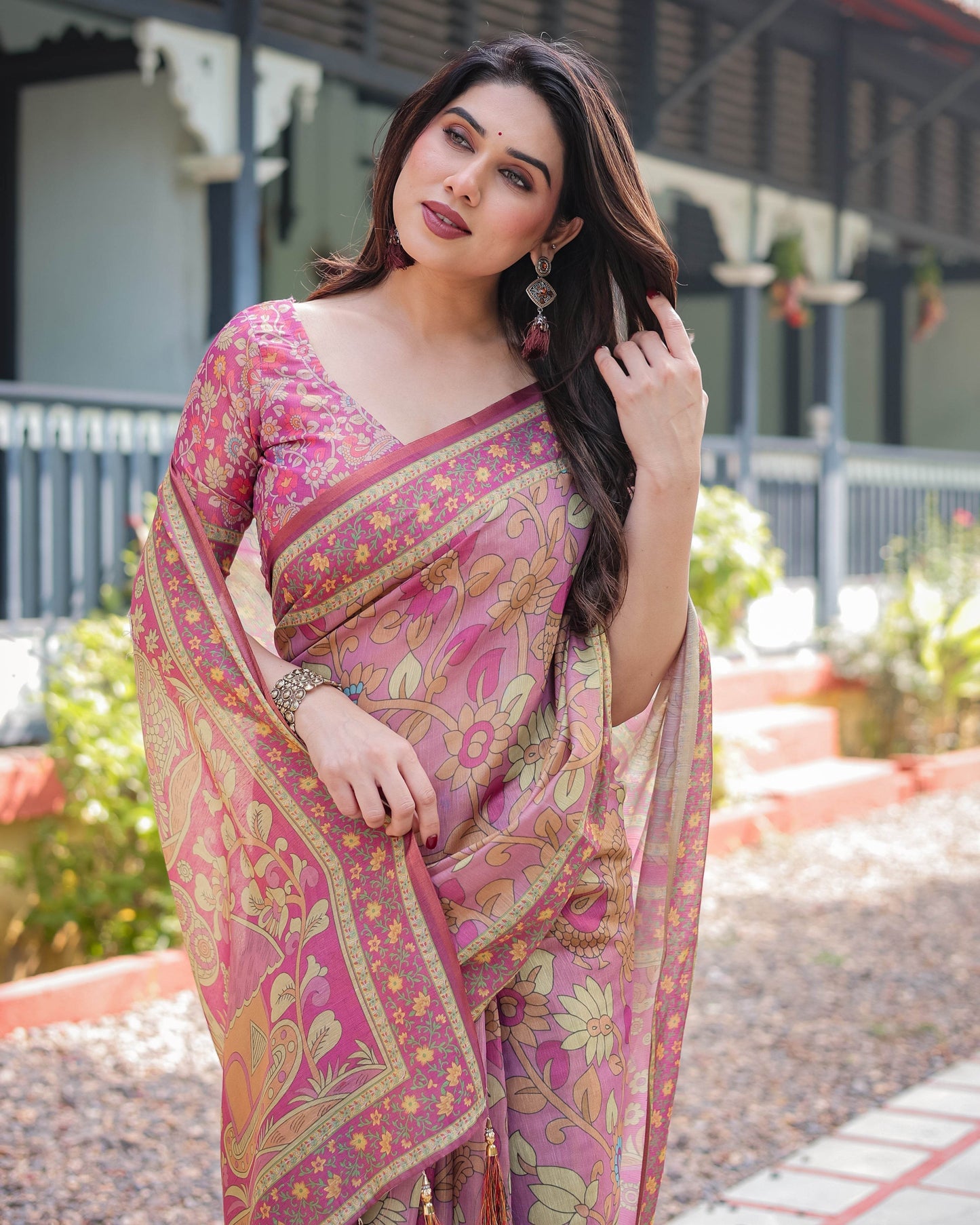 Regal Pink Handloom Cotton-Linen Saree with Floral Motifs, Golden Zari Highlights, and Tassel Detailing - SEEANS