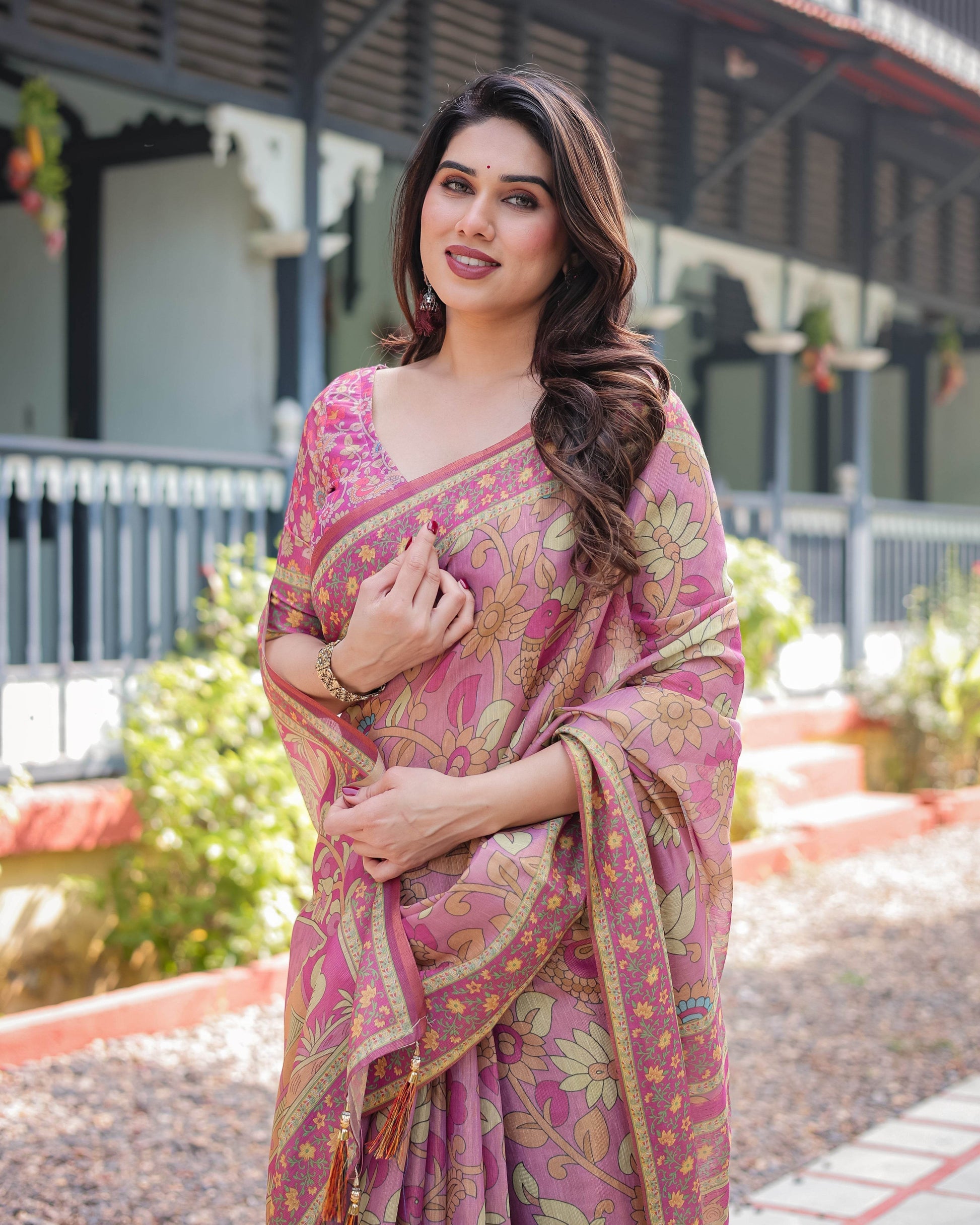 Regal Pink Handloom Cotton-Linen Saree with Floral Motifs, Golden Zari Highlights, and Tassel Detailing - SEEANS