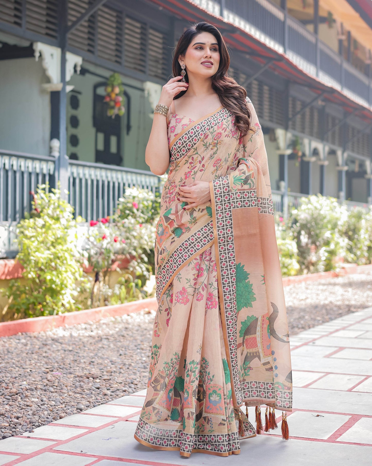 Beige Handloom Cotton-Linen Saree with Elephant Motifs and Geometric Border Design - SEEANS