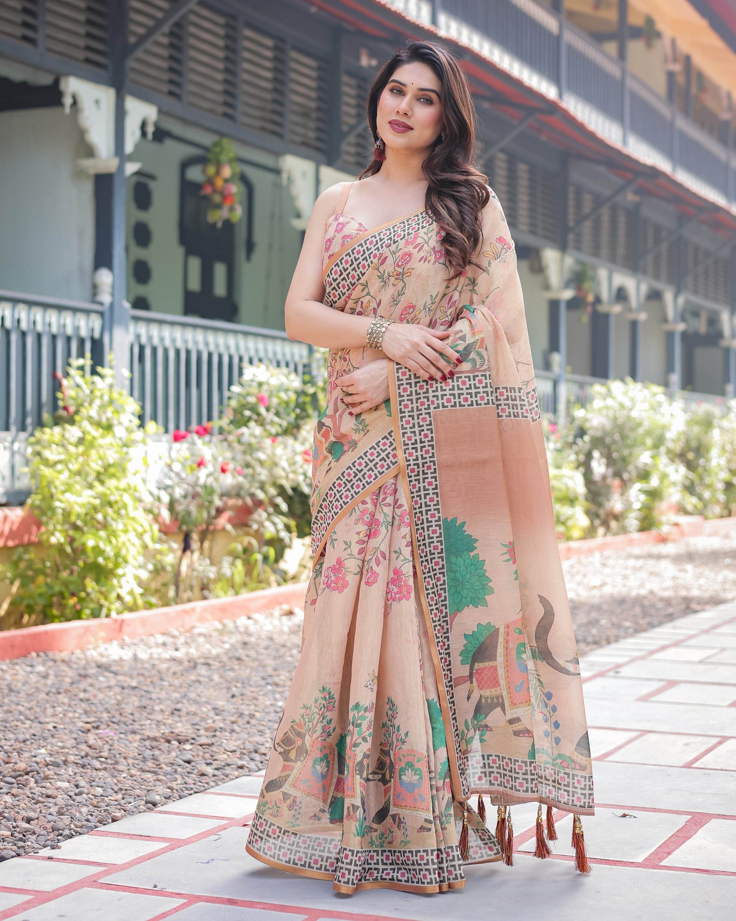 Beige Handloom Cotton-Linen Saree with Elephant Motifs and Geometric Border Design - SEEANS