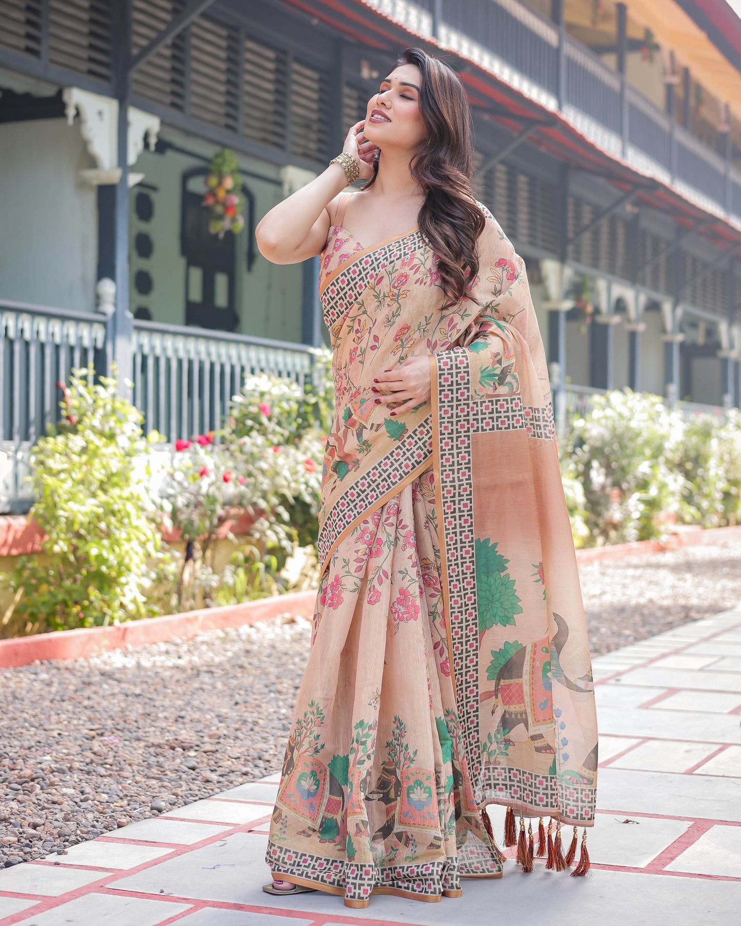 Beige Handloom Cotton-Linen Saree with Elephant Motifs and Geometric Border Design - SEEANS