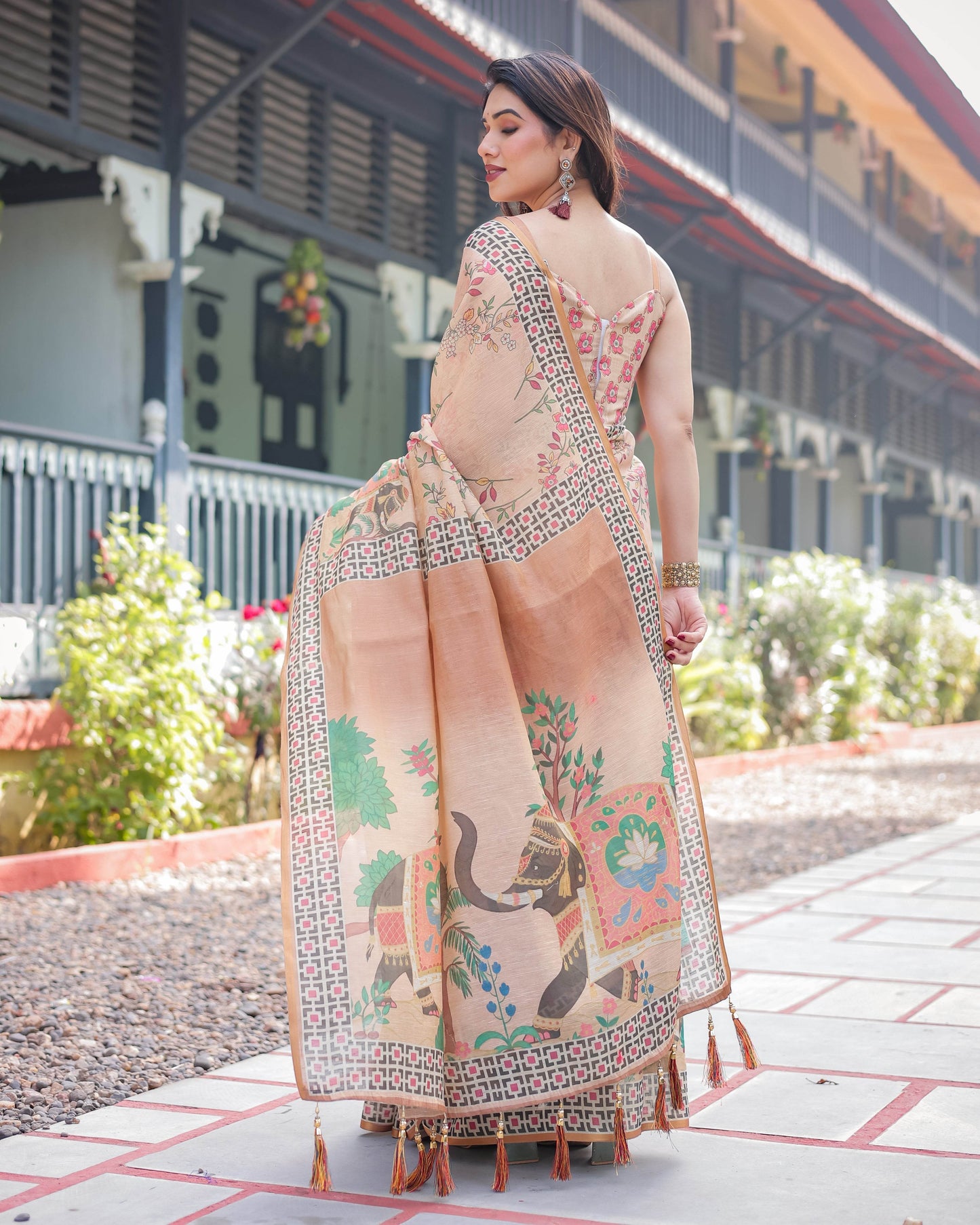 Beige Handloom Cotton-Linen Saree with Elephant Motifs and Geometric Border Design - SEEANS