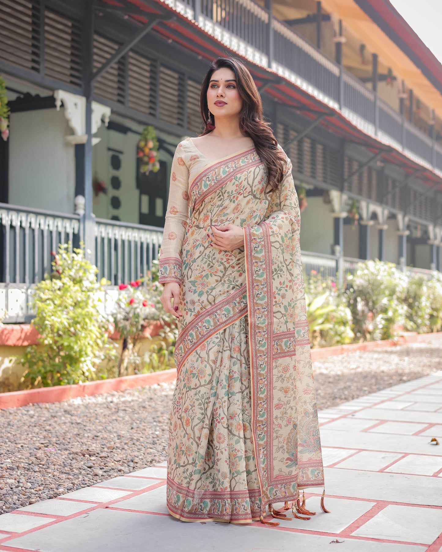 Ivory Handloom Cotton-Linen Saree with Floral and Peacock Motifs, Zari Highlights, and Tassel Finish - SEEANS