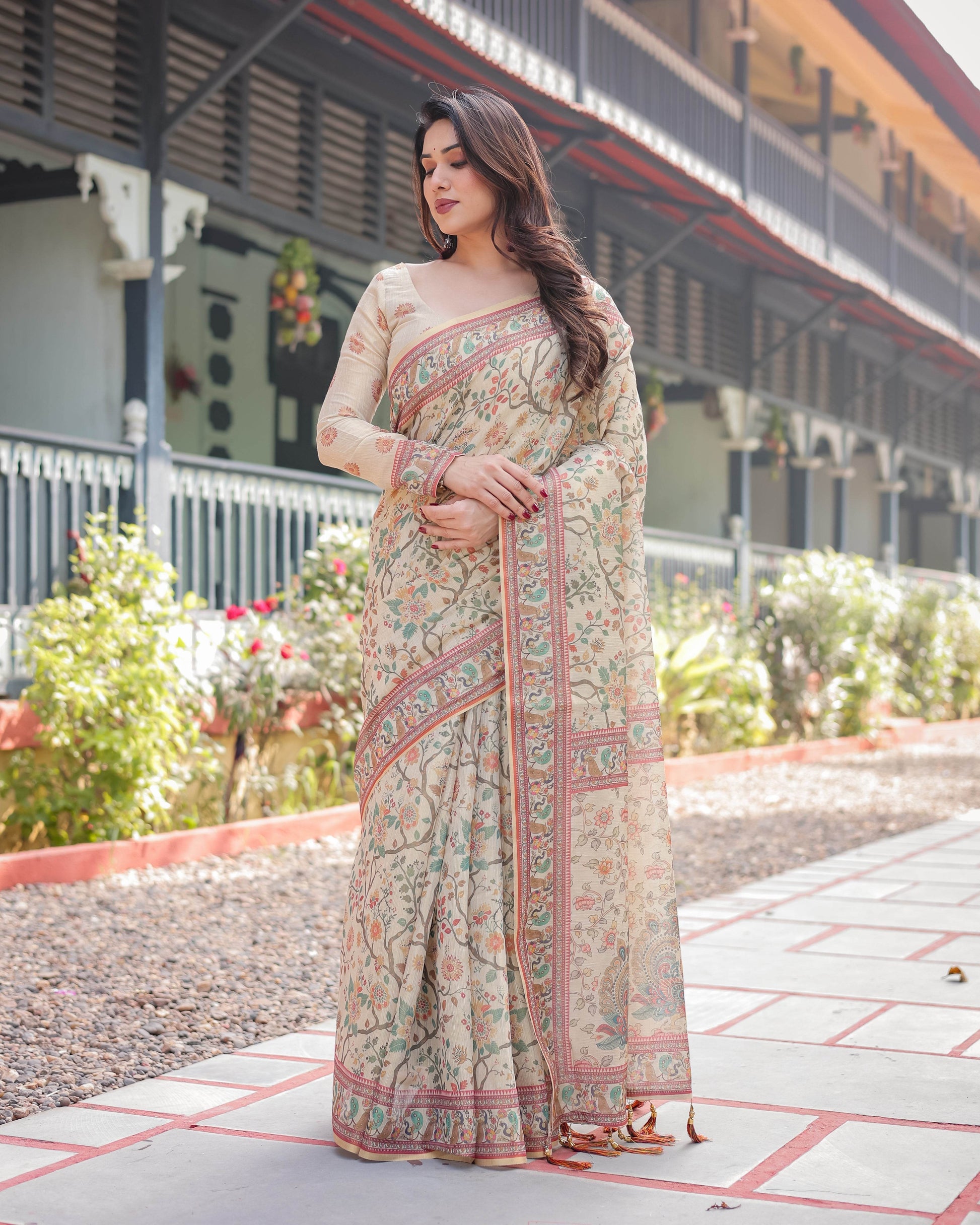 Ivory Handloom Cotton-Linen Saree with Floral and Peacock Motifs, Zari Highlights, and Tassel Finish - SEEANS