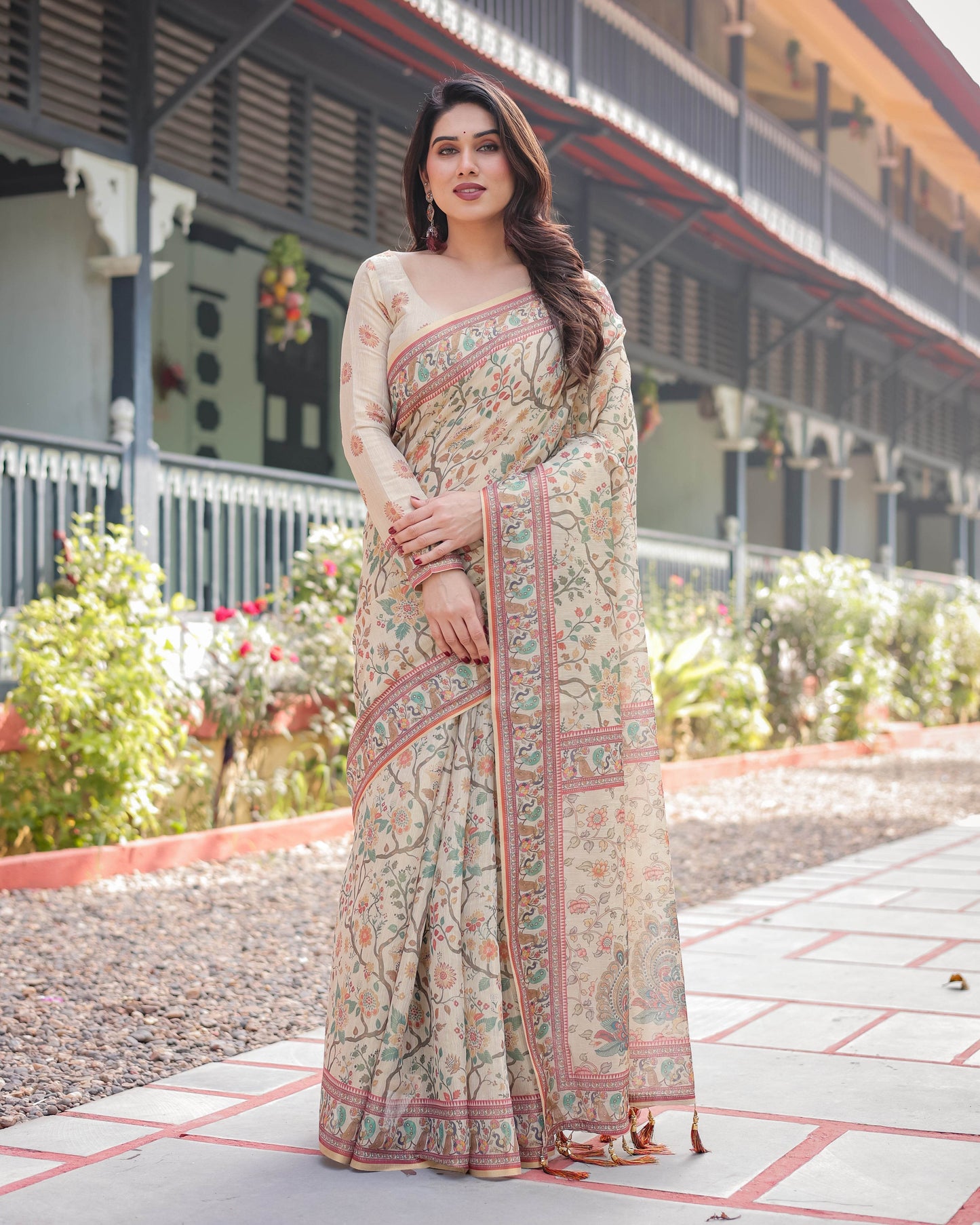 Ivory Handloom Cotton-Linen Saree with Floral and Peacock Motifs, Zari Highlights, and Tassel Finish - SEEANS