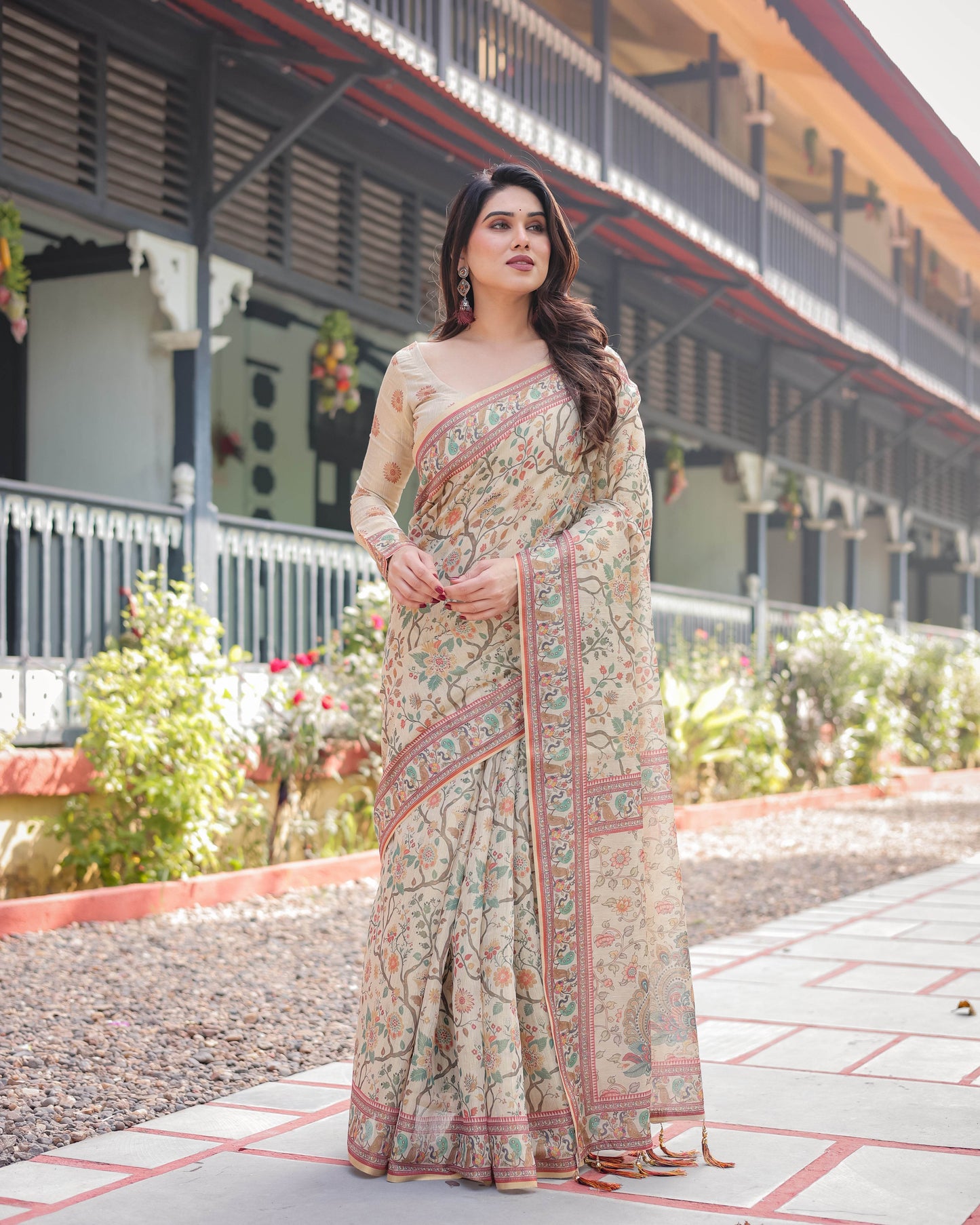 Ivory Handloom Cotton-Linen Saree with Floral and Peacock Motifs, Zari Highlights, and Tassel Finish - SEEANS