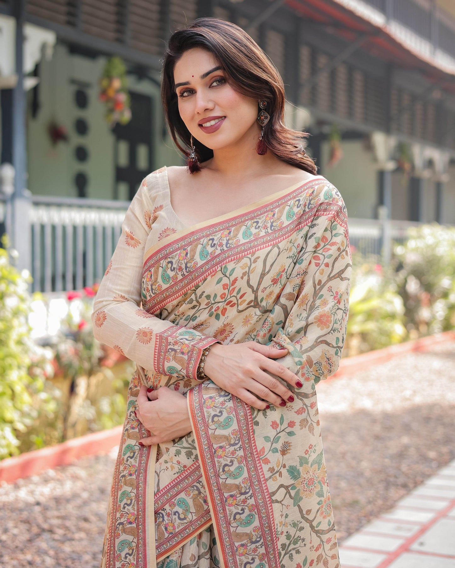 Ivory Handloom Cotton-Linen Saree with Floral and Peacock Motifs, Zari Highlights, and Tassel Finish - SEEANS