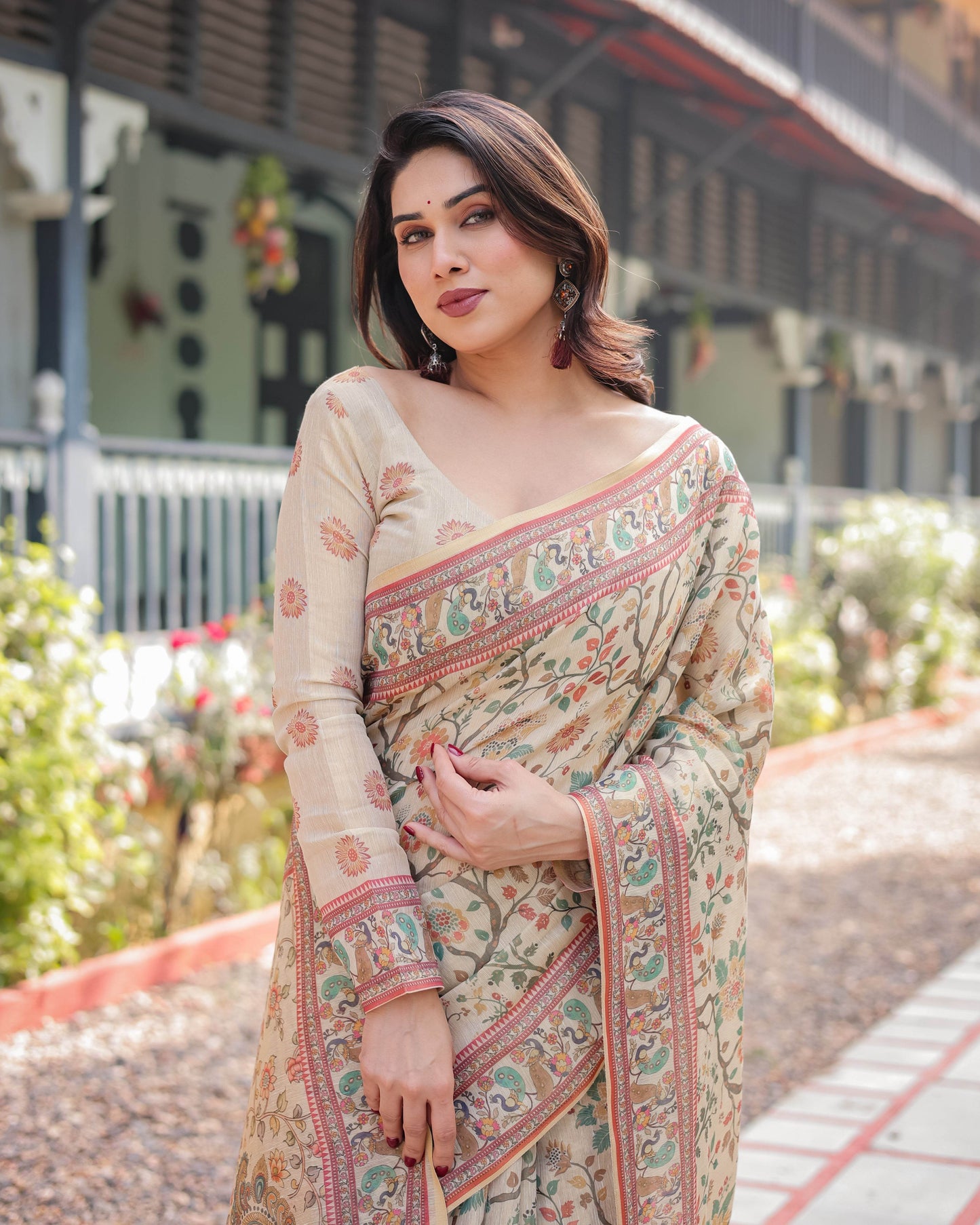 Ivory Handloom Cotton-Linen Saree with Floral and Peacock Motifs, Zari Highlights, and Tassel Finish - SEEANS