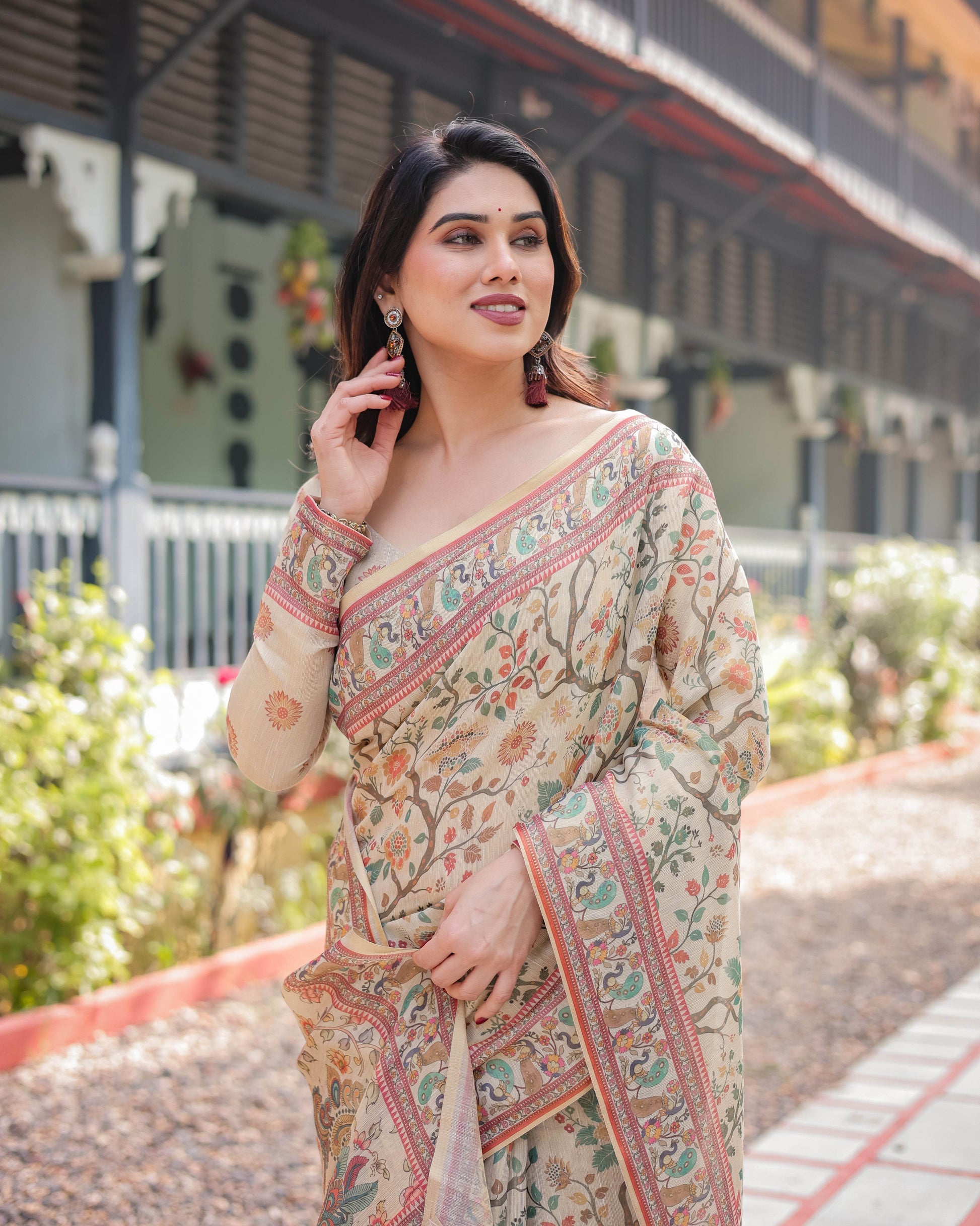 Ivory Handloom Cotton-Linen Saree with Floral and Peacock Motifs, Zari Highlights, and Tassel Finish - SEEANS