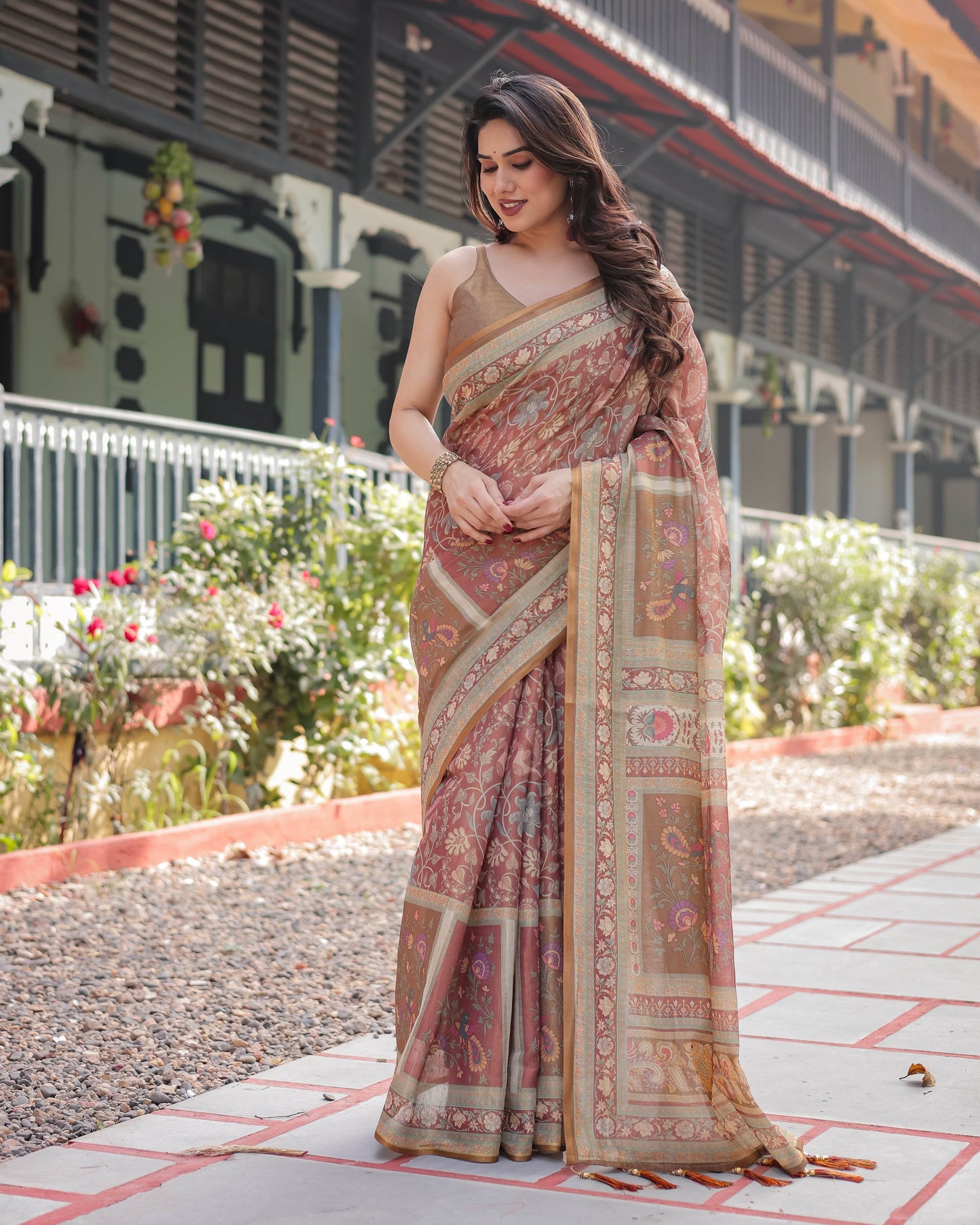 Rust and Gold Handloom Cotton-Linen Saree with Floral Motifs and Rich Zari Border - SEEANS