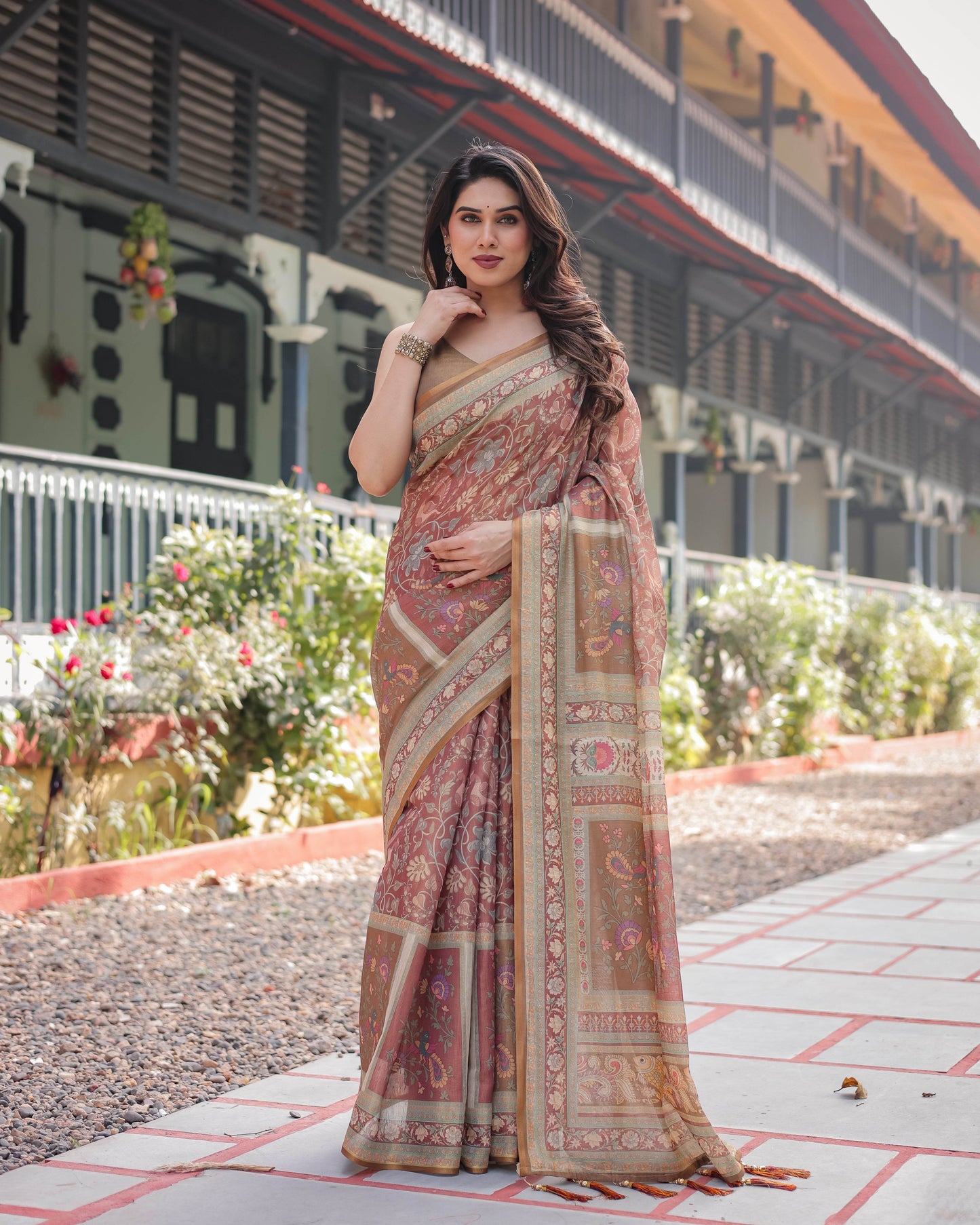 Rust and Gold Handloom Cotton-Linen Saree with Floral Motifs and Rich Zari Border - SEEANS