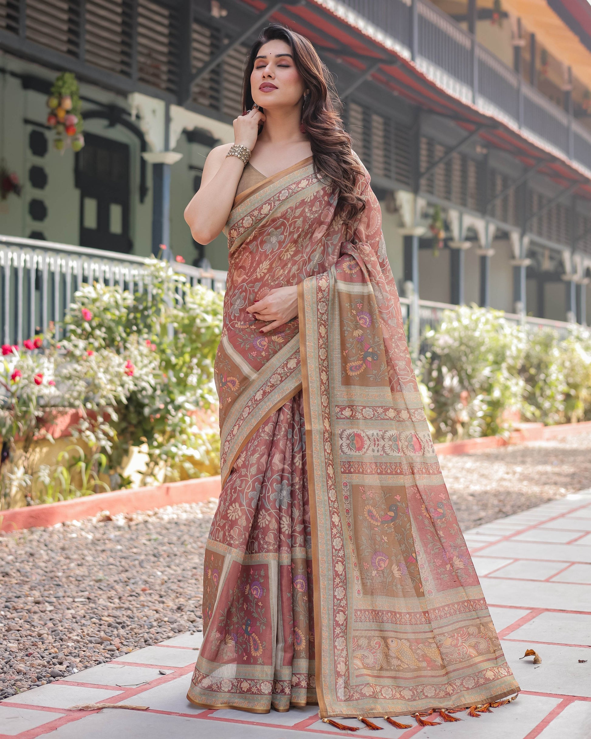 Rust and Gold Handloom Cotton-Linen Saree with Floral Motifs and Rich Zari Border - SEEANS