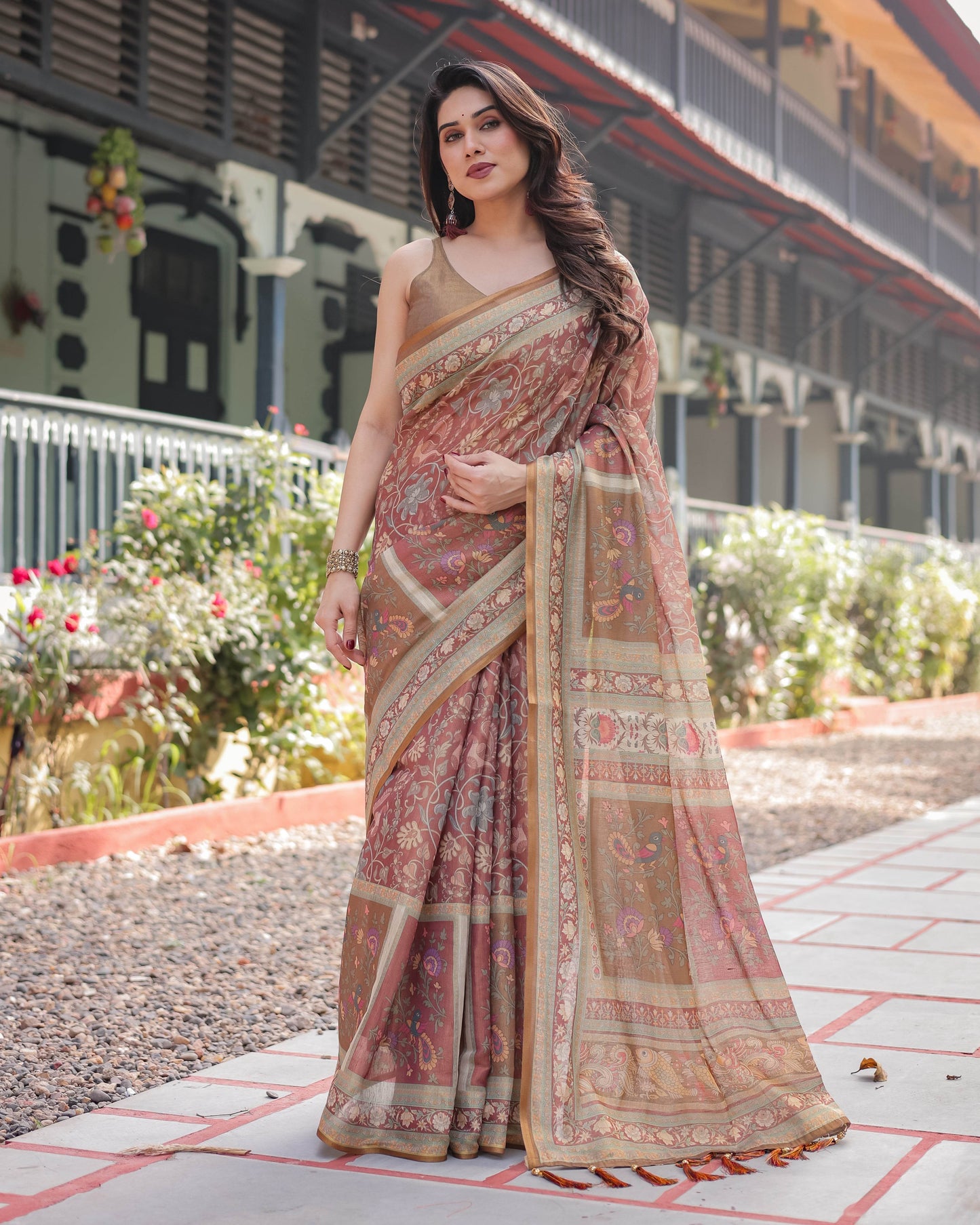 Rust and Gold Handloom Cotton-Linen Saree with Floral Motifs and Rich Zari Border - SEEANS