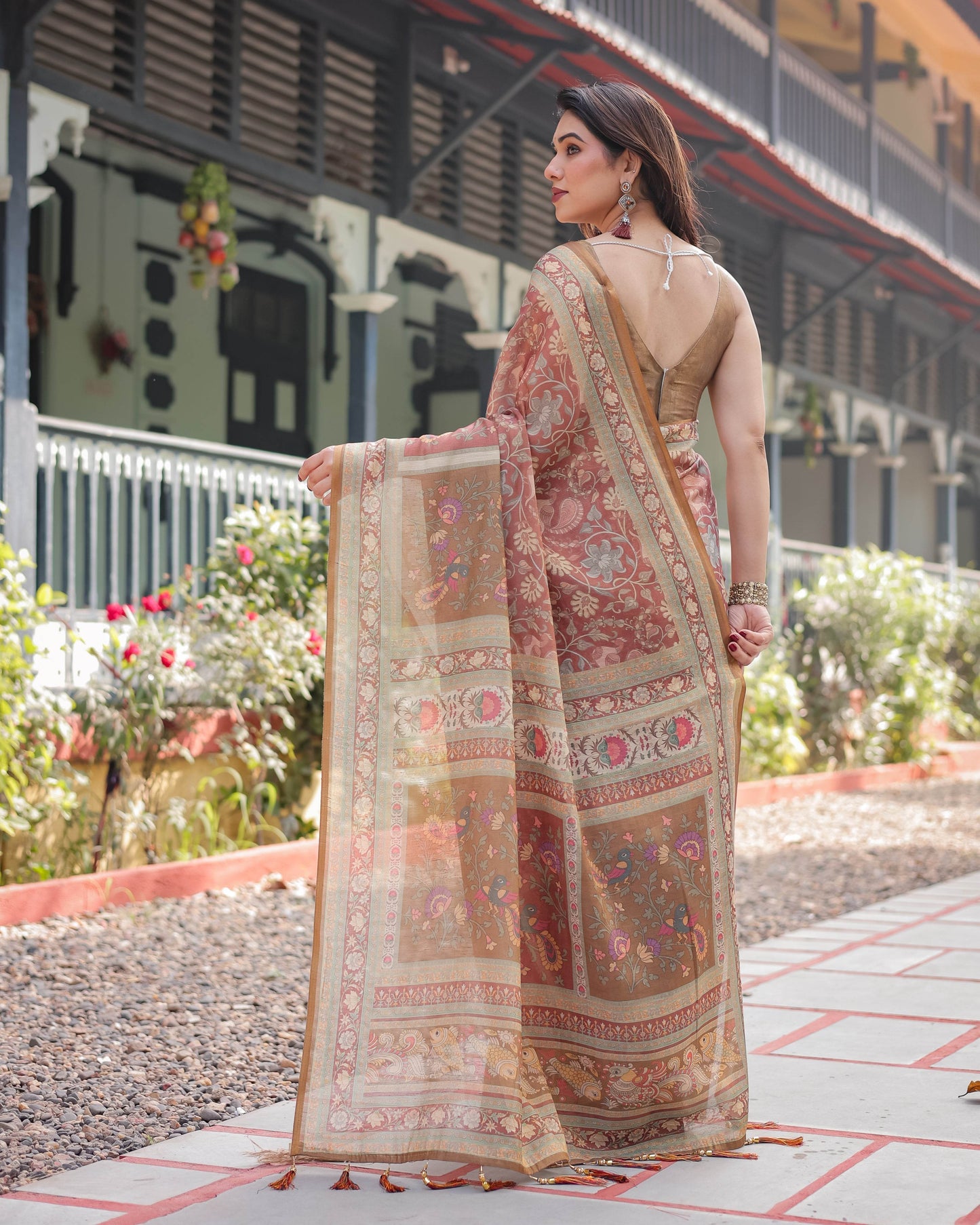 Rust and Gold Handloom Cotton-Linen Saree with Floral Motifs and Rich Zari Border - SEEANS