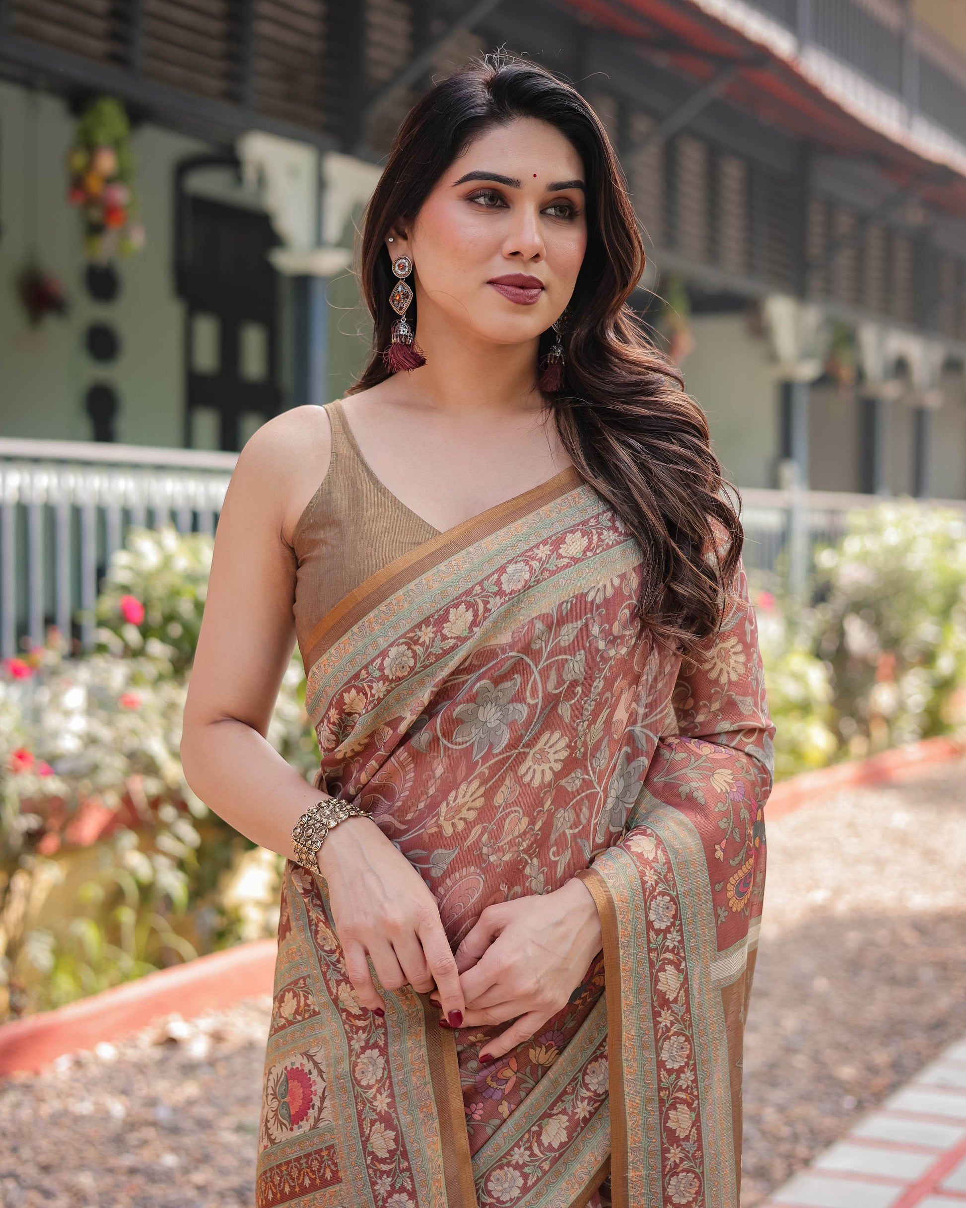 Rust and Gold Handloom Cotton-Linen Saree with Floral Motifs and Rich Zari Border - SEEANS