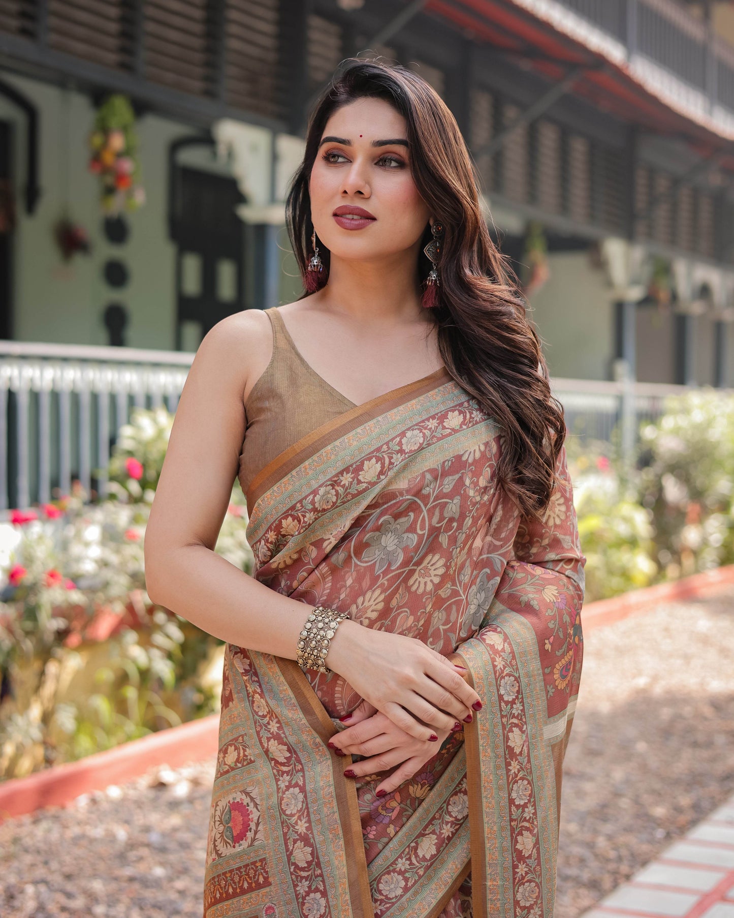 Rust and Gold Handloom Cotton-Linen Saree with Floral Motifs and Rich Zari Border - SEEANS