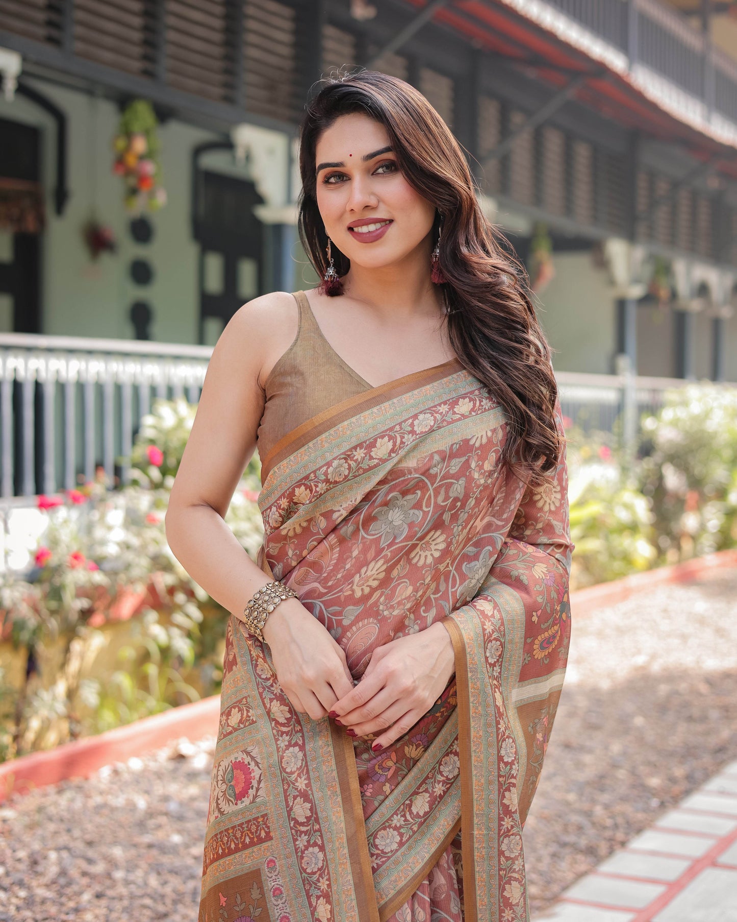 Rust and Gold Handloom Cotton-Linen Saree with Floral Motifs and Rich Zari Border - SEEANS