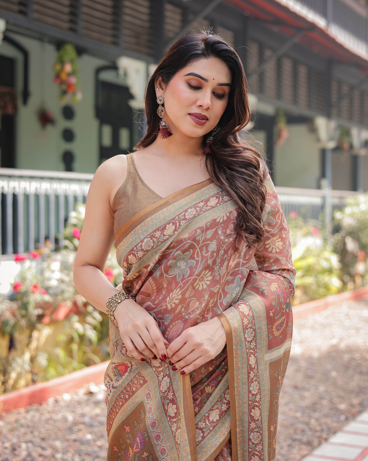 Rust and Gold Handloom Cotton-Linen Saree with Floral Motifs and Rich Zari Border - SEEANS