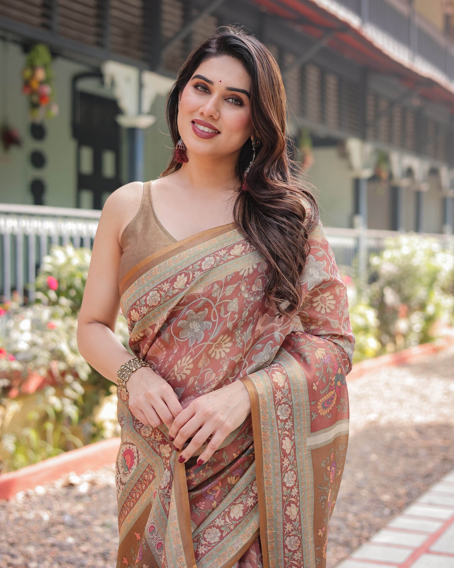 Rust and Gold Handloom Cotton-Linen Saree with Floral Motifs and Rich Zari Border - SEEANS