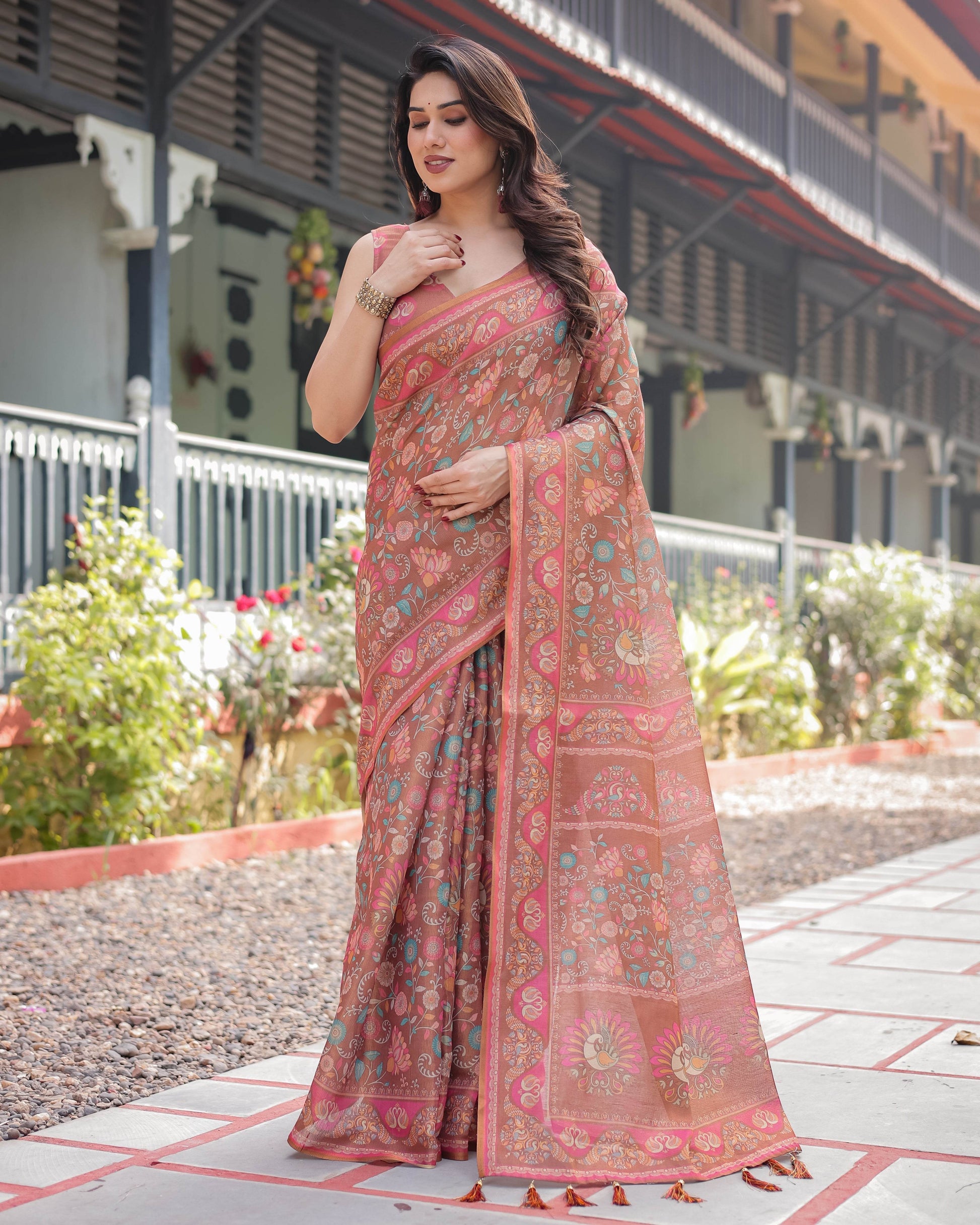 Copper Brown Handloom Cotton-Linen Saree with Floral Motifs and Vibrant Pink Accents - SEEANS