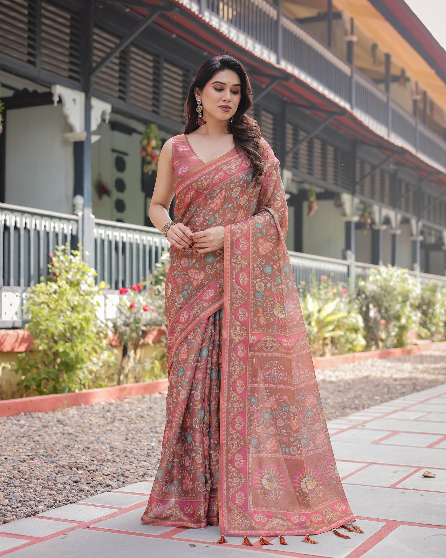 Copper Brown Handloom Cotton-Linen Saree with Floral Motifs and Vibrant Pink Accents - SEEANS