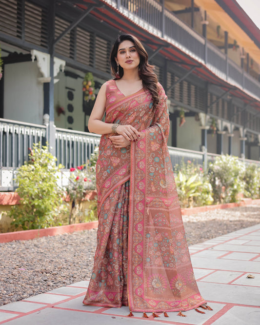 Copper Brown Handloom Cotton-Linen Saree with Floral Motifs and Vibrant Pink Accents - SEEANS