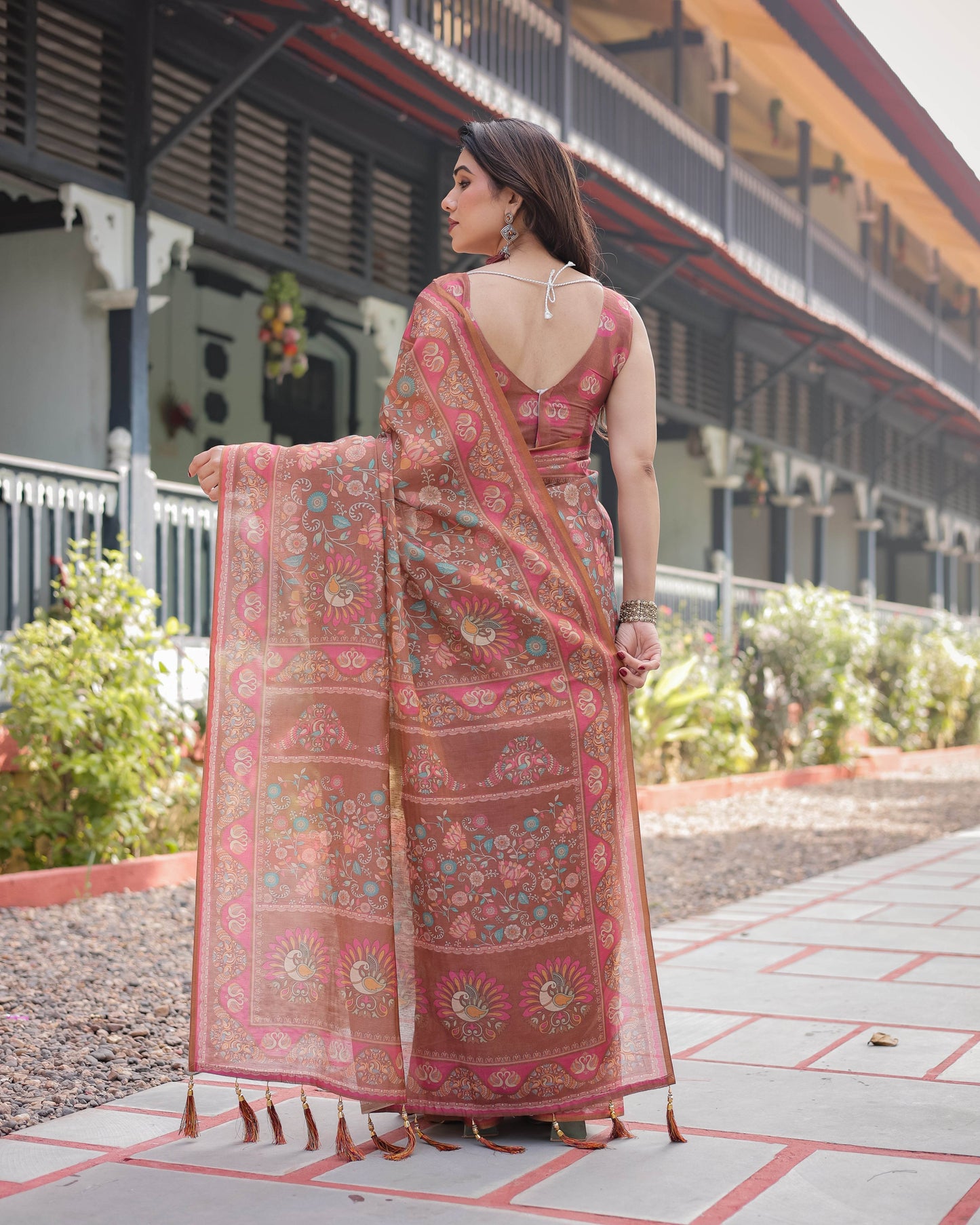 Copper Brown Handloom Cotton-Linen Saree with Floral Motifs and Vibrant Pink Accents - SEEANS