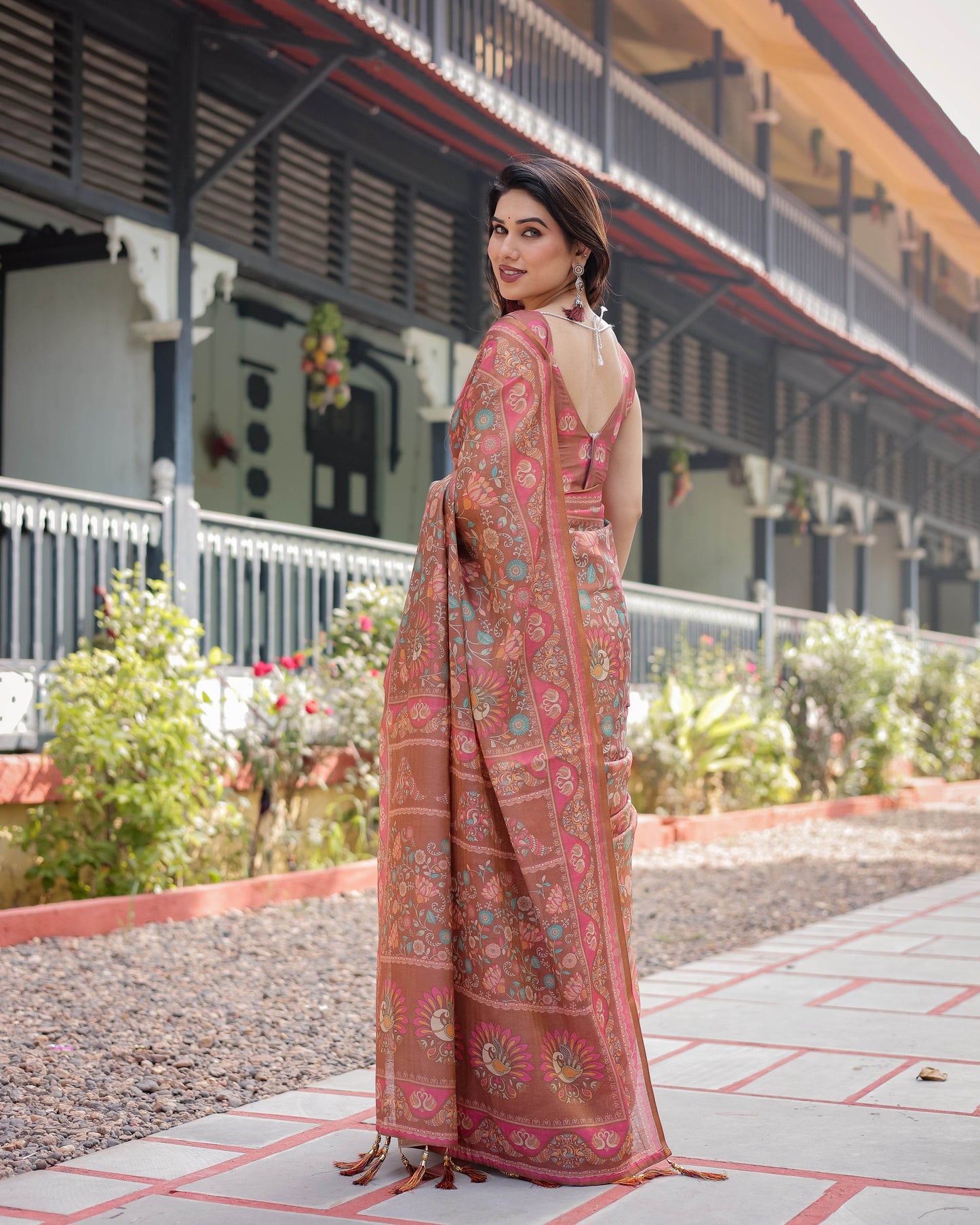 Copper Brown Handloom Cotton-Linen Saree with Floral Motifs and Vibrant Pink Accents - SEEANS