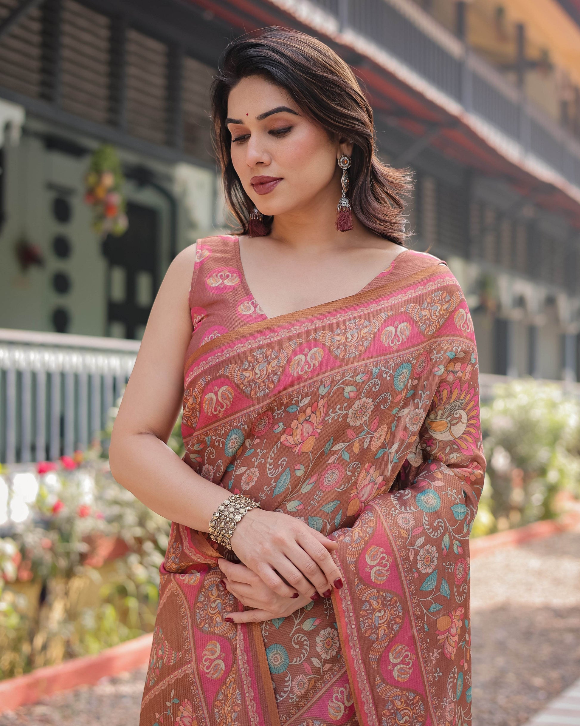 Copper Brown Handloom Cotton-Linen Saree with Floral Motifs and Vibrant Pink Accents - SEEANS