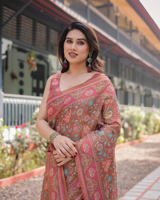 Copper Brown Handloom Cotton-Linen Saree with Floral Motifs and Vibrant Pink Accents - SEEANS