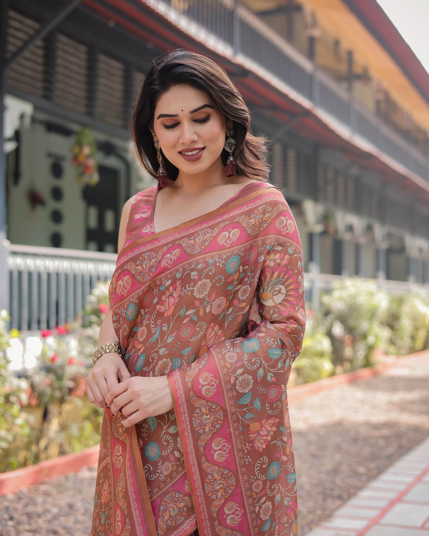 Copper Brown Handloom Cotton-Linen Saree with Floral Motifs and Vibrant Pink Accents - SEEANS